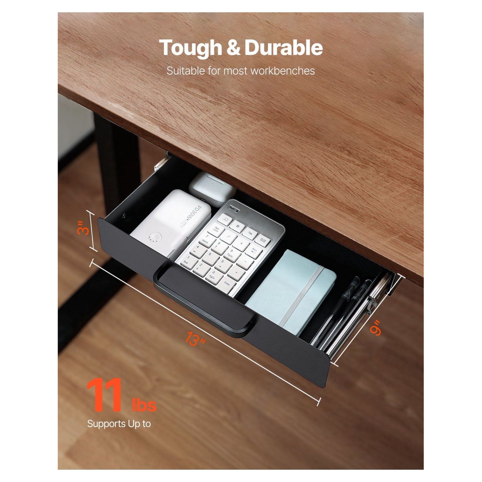 Under Desk Drawer Organizer, 13 Inch Slide Out Storage Tray - Home Office Desk Accessories, Durable Metal Construction, Silent Sliding, Cable Management