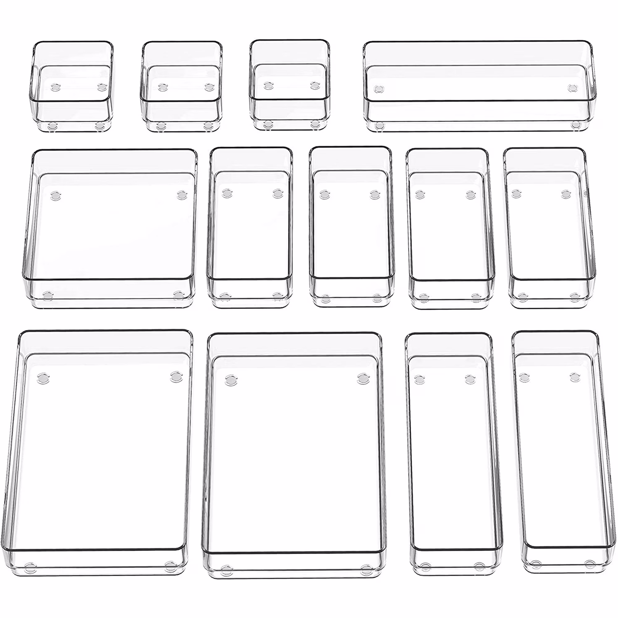 13-Piece Drawer Organizer with Non-Slip Silicone Pads, 5-Size Desk Drawer Organizer Trays Storage Tray for Makeup, Jewelries, Utensils in Bedroom Dresser, Office and Kitchen (Clear)