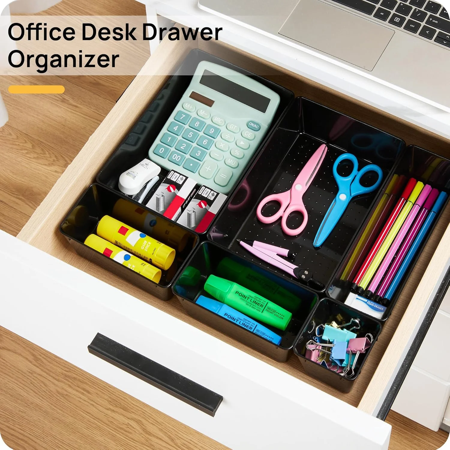 PrimeCook Shop 25 PCS Office Desk Drawer Organizers Set,4-Size Versatile Plastic Drawer Organizer Trays,Storage Bins for Desk Accessories Office Organizers and Storage, Bathroom, Makeup, Vanity,Black