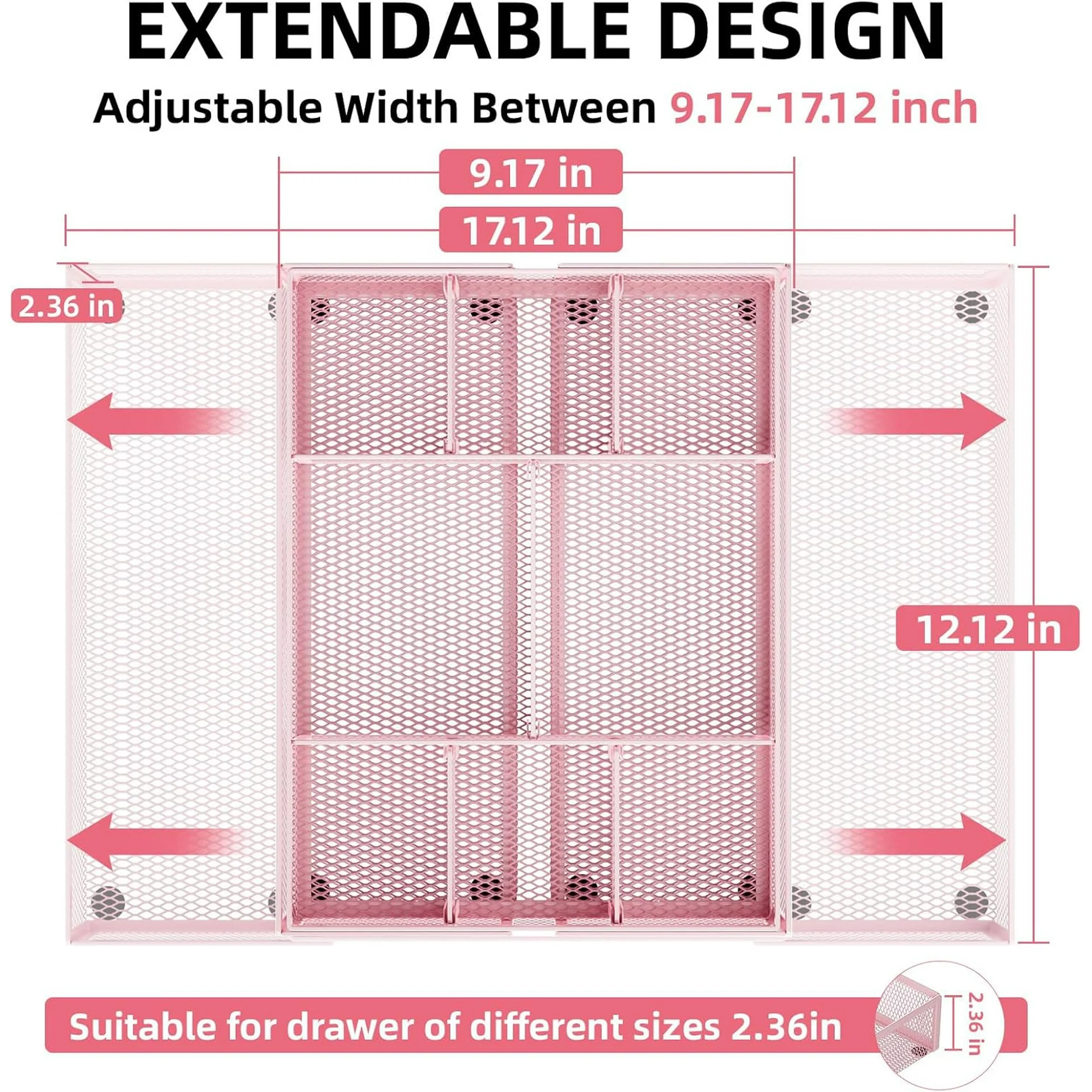 Expandable Desk Drawer Organizer, Mesh Tray with 10 Adjustable Compartments, Desk Organizers for Office Supplies, Makeup & Vanity (Expandable-Pink 2pack)