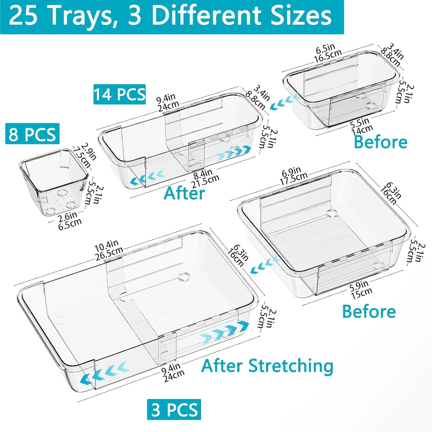 ‎25 PCS Extendable Clear Plastic Drawer Organizer Set, Adjustable Bathroom Organizer, 3 Sizes Versatile Vanity Drawer Organizer Trays for Makeup, Bedroom, Office, Kitchen Utensils and Gadgets