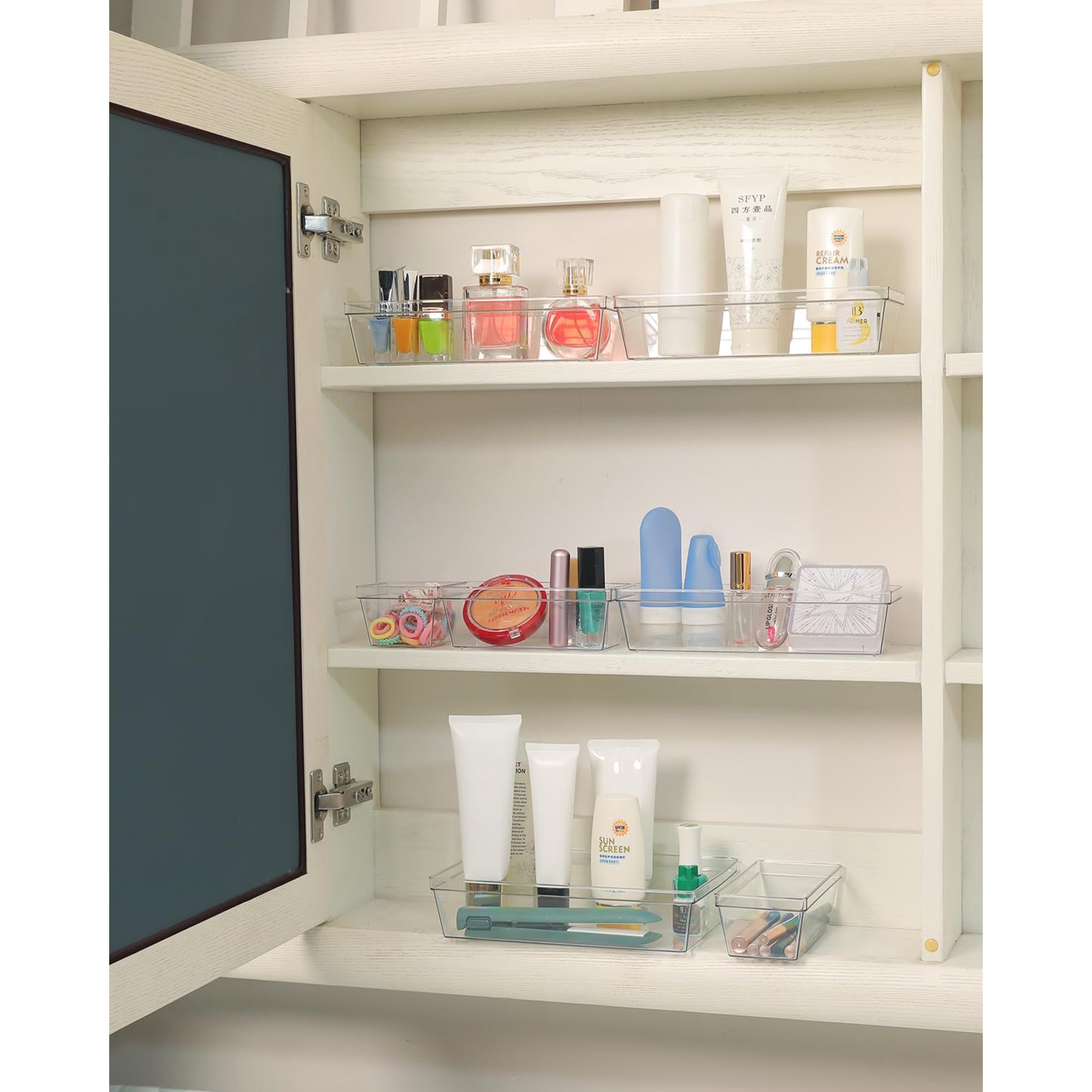 Clear Plastic Drawer Organizer Storage - 25Pcs 4 Size Desk Bathroom Kitchen Organizers and Accessories Office Organization, Vanity Stackable Drawers Bins Trays Containers Dividers Makeup Sets