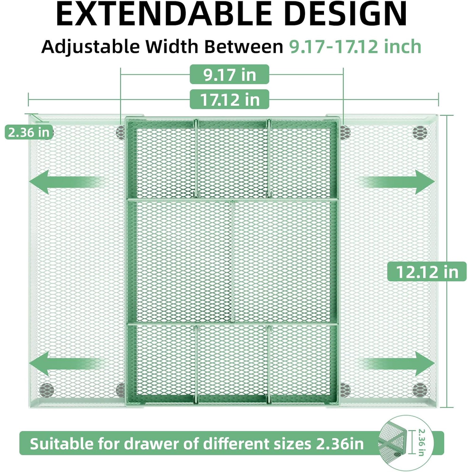 Expandable Desk Drawer Organizer, Mesh Drawer Organizer Tray with 10 Adjustable Compartments, Desk Organizers and Accessories for Office Supplies, Makeup & Vanity (Expandable-Green 2pack)