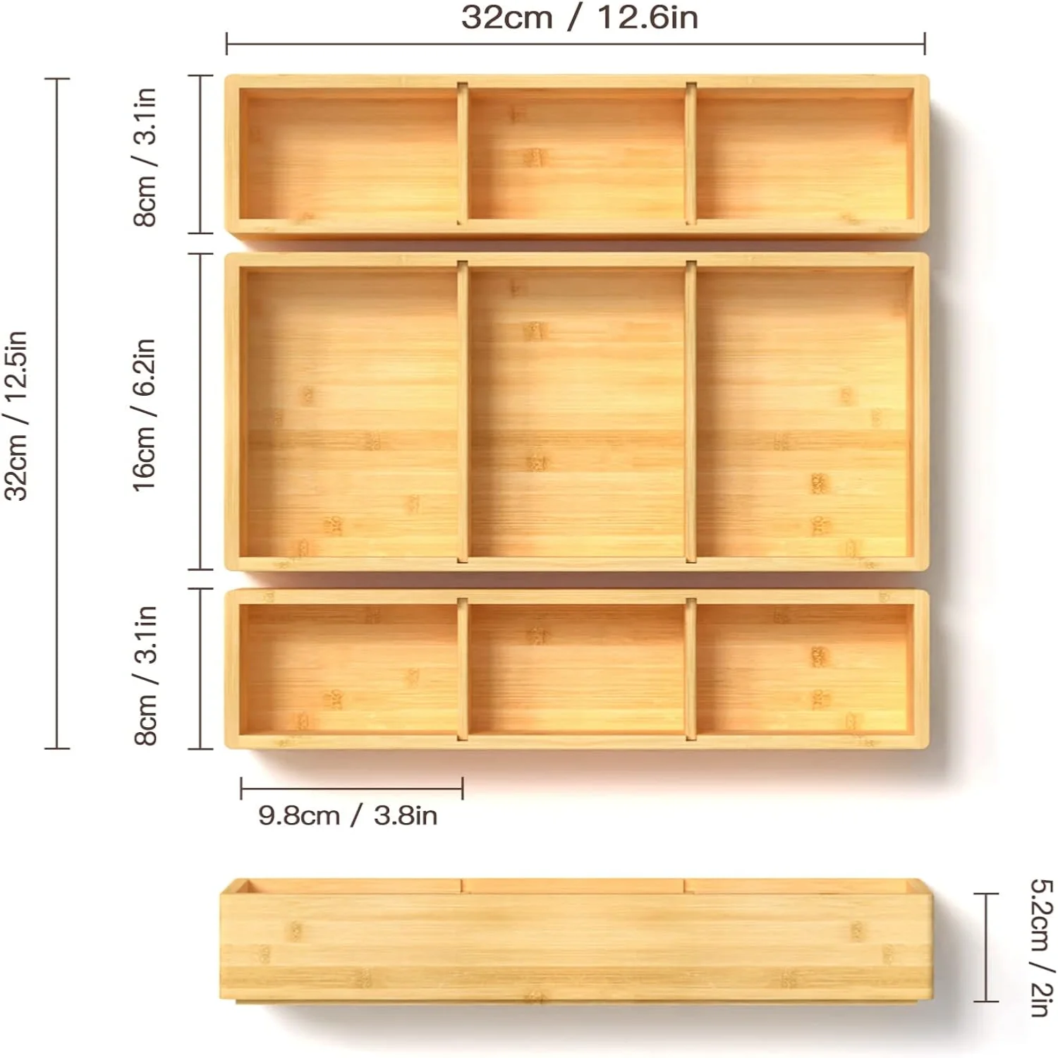 FDTBYHVYT Bamboo Drawer Organizer 12.5'' X 12.5'' X 2''  Adjustable 3 Individual Junk Drawer organizer for Bathroom and Kitchen  Wood Drawer Tea Organier Boxes for
