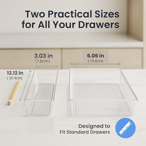 8-Piece Clear Drawer Organizer Set - 2 Sizes, Large Trays, Durable Storage for Bathroom, Kitchen, Bedroom, Office Supplies.