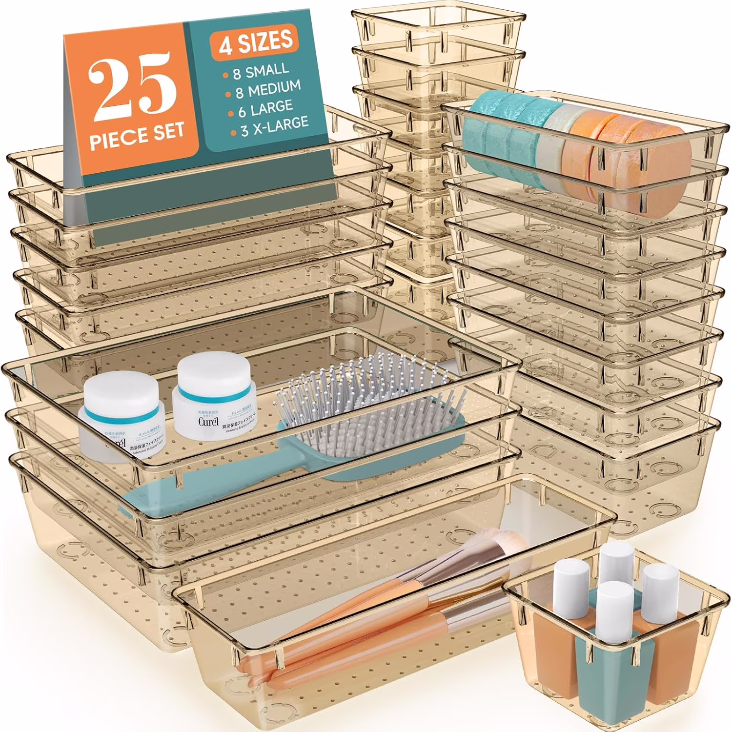 25 Pieces Clear Plastic Drawer Organizer Set, 4 Sizes Desk Drawer Divider Organizers and Storage Bins for Makeup, Jewelry, Gadgets in Kitchen, Bedroom, Bathroom, Office