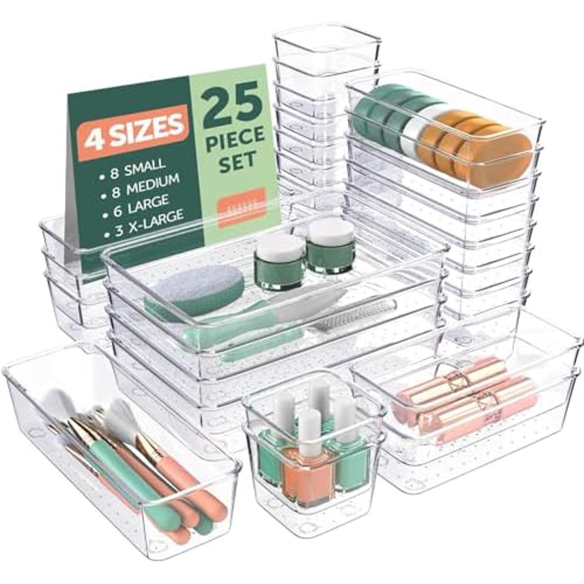 25 PCS Clear Plastic Drawer Organizers Set,4 Sizes Clear Drawer Organizers & storage Bins for Makeup/Jewelry Vanity, Kitchen Gadgets Or Office Desk. Bathroom Drawer Organizer Trays With Non-Slip Pads