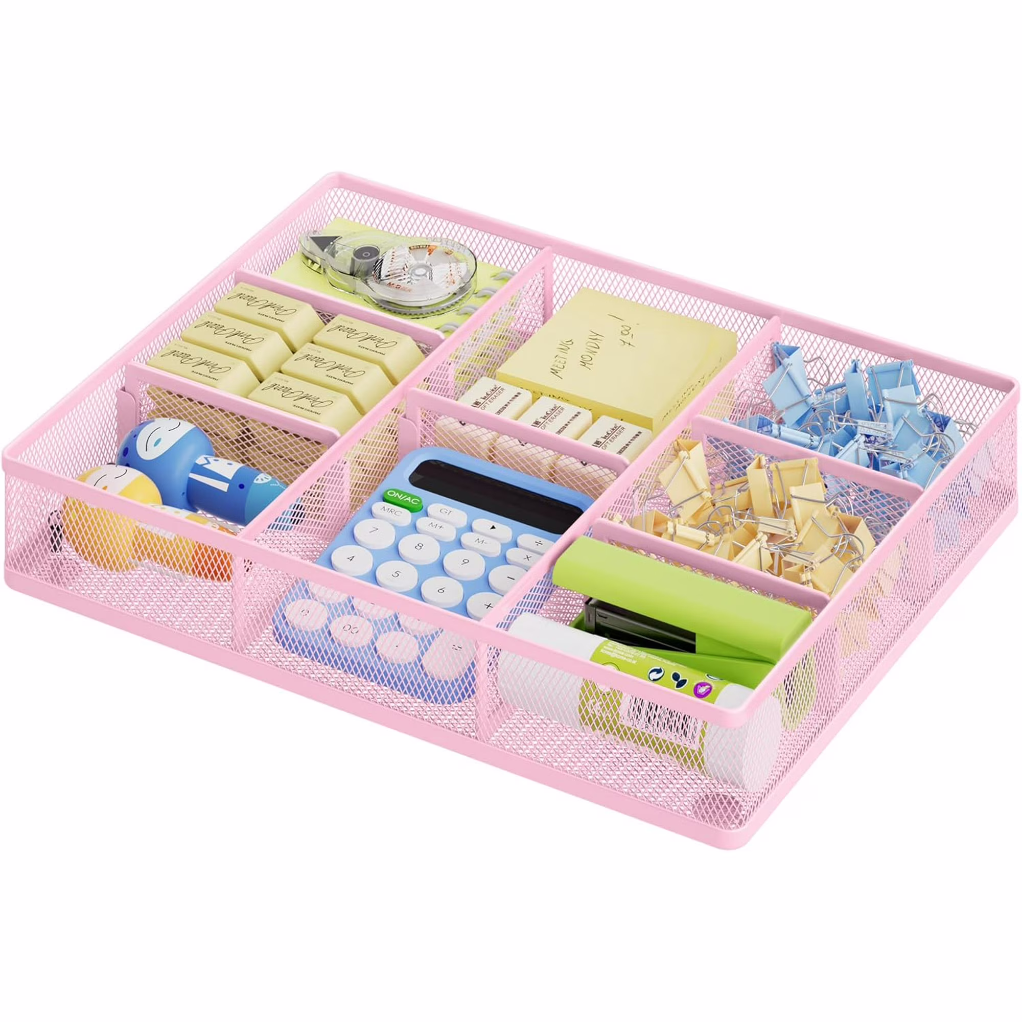 WarmHaven Pink Desk Drawer Organizer, Metal Mesh Drawer Organizer Tray with 5 Adjustable Compartments,Desk Organizers and Accessories for Home,Office,Kitchen,Makeup,Vanity (Pink)