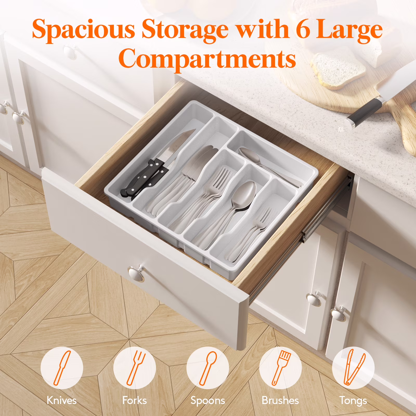 Silverware Drawer Organizer Tray, Plastic Cutlery Storage for Kitchen Drawer, Flatware and Utensil Holder Divider for Spoons Forks Knives Tableware, 6 Compartment, White