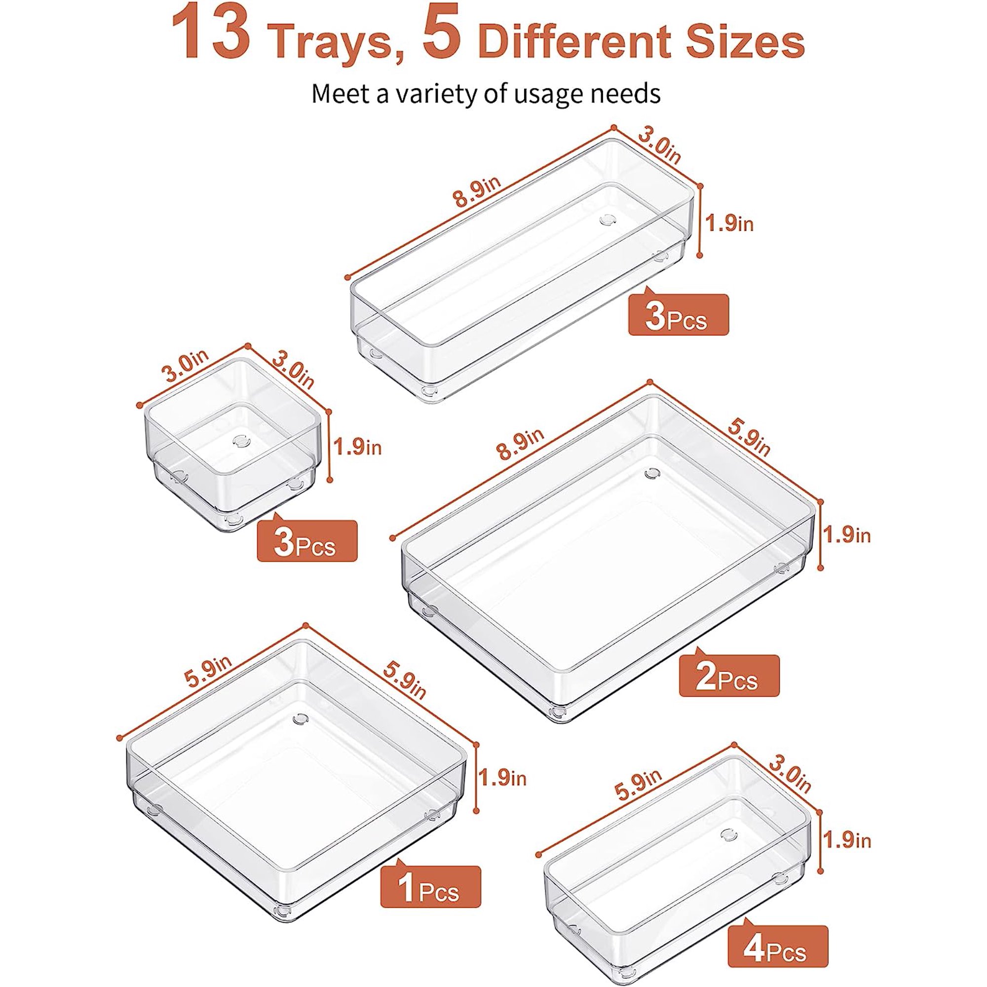 13-Piece Drawer Organizer with Non-Slip Silicone Pads, 5-Size Desk Drawer Organizer Trays Storage Tray for Makeup, Jewelries, Utensils in Bedroom Dresser, Office and Kitchen (Clear)