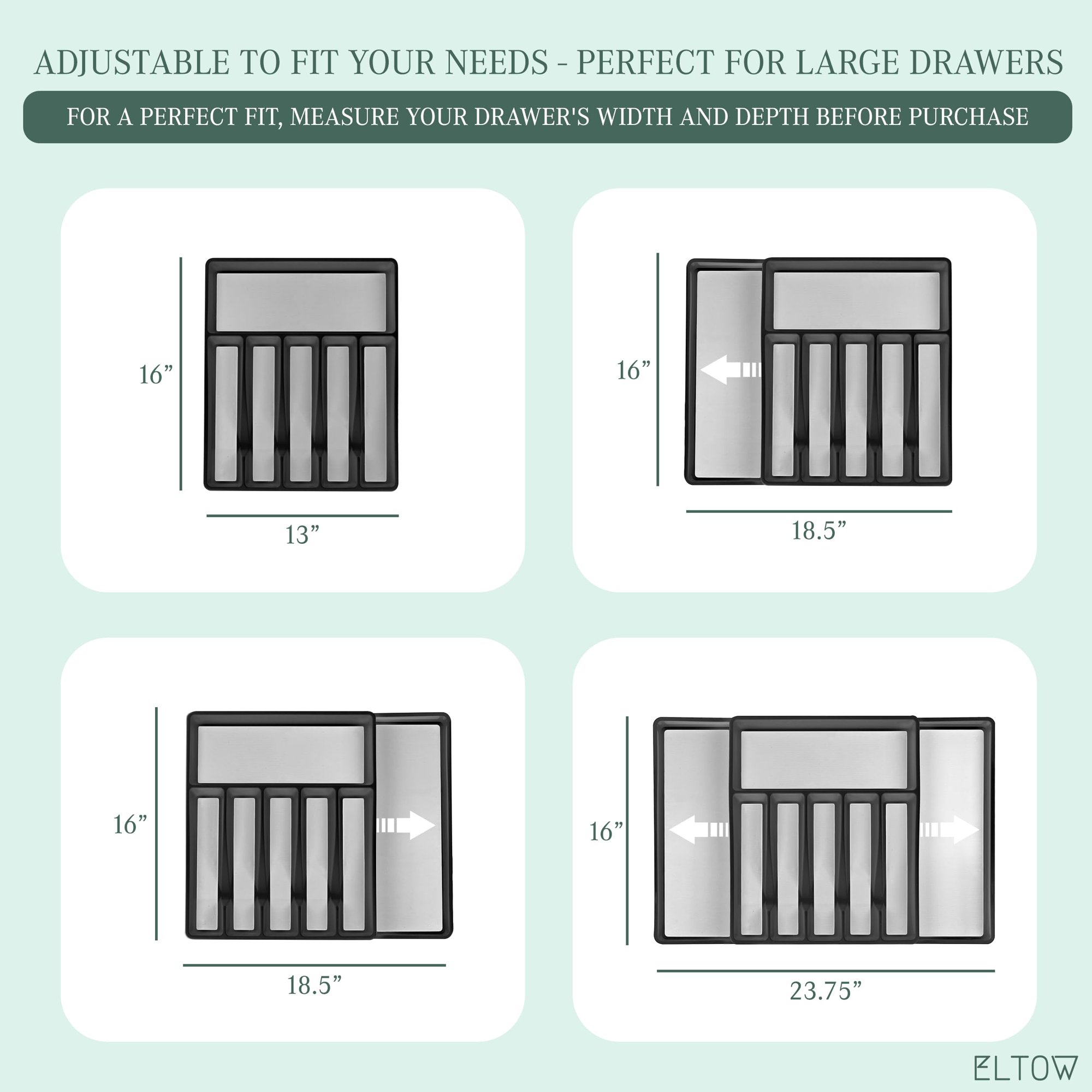 Expandable Silverware Drawer Organizer with 8 Compartments, Non-Slip Adjustable Utensil Tray for Kitchen Cutlery Fork Spoon Storage, Black