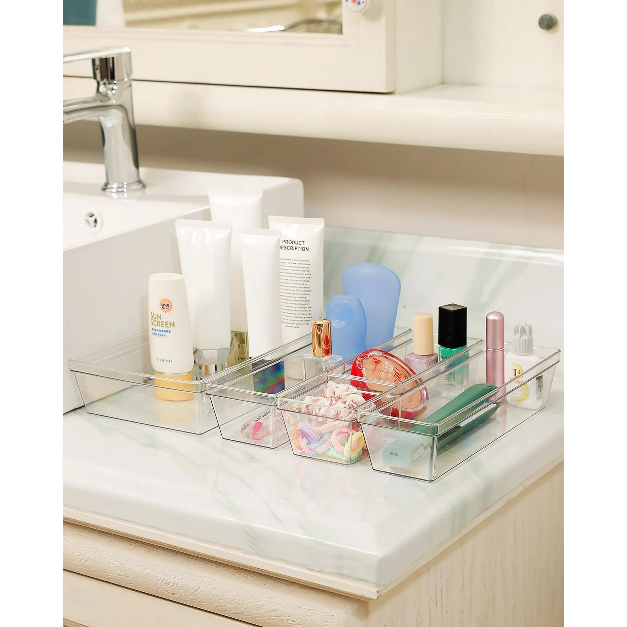 Clear Plastic Drawer Organizer Storage - 25Pcs 4 Size Desk Bathroom Kitchen Organizers and Accessories Office Organization, Vanity Stackable Drawers Bins Trays Containers Dividers Makeup Sets