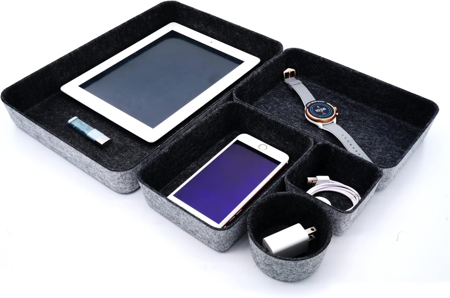 WELAXY Office Desk Drawer Organizer Trays felt Storage bins Paper Letter trays Document File Papers Magazines Sorter Organizing box round 5 piece(Charcoal ) Pack of 2