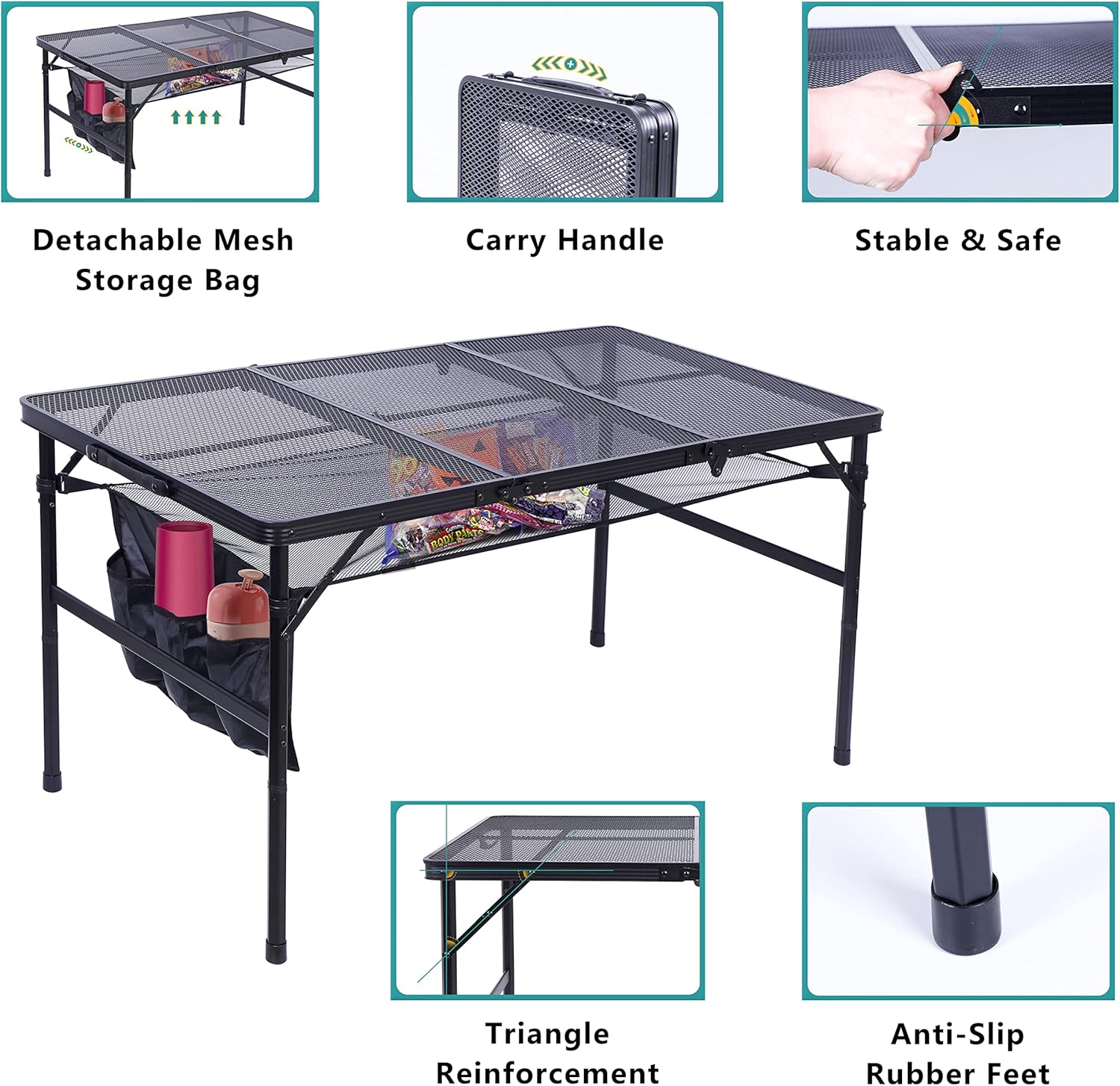 Nice C Folding Table Adjustable Height, Camping Table, Portable Grill Table Mesh Bag Lightweight, Carry Handle for Outdoor, Beach, Indoor (35.5&ldquo; x 23.7&rdquo; x 16.6&ldquo;/26.4&rdquo; Black)