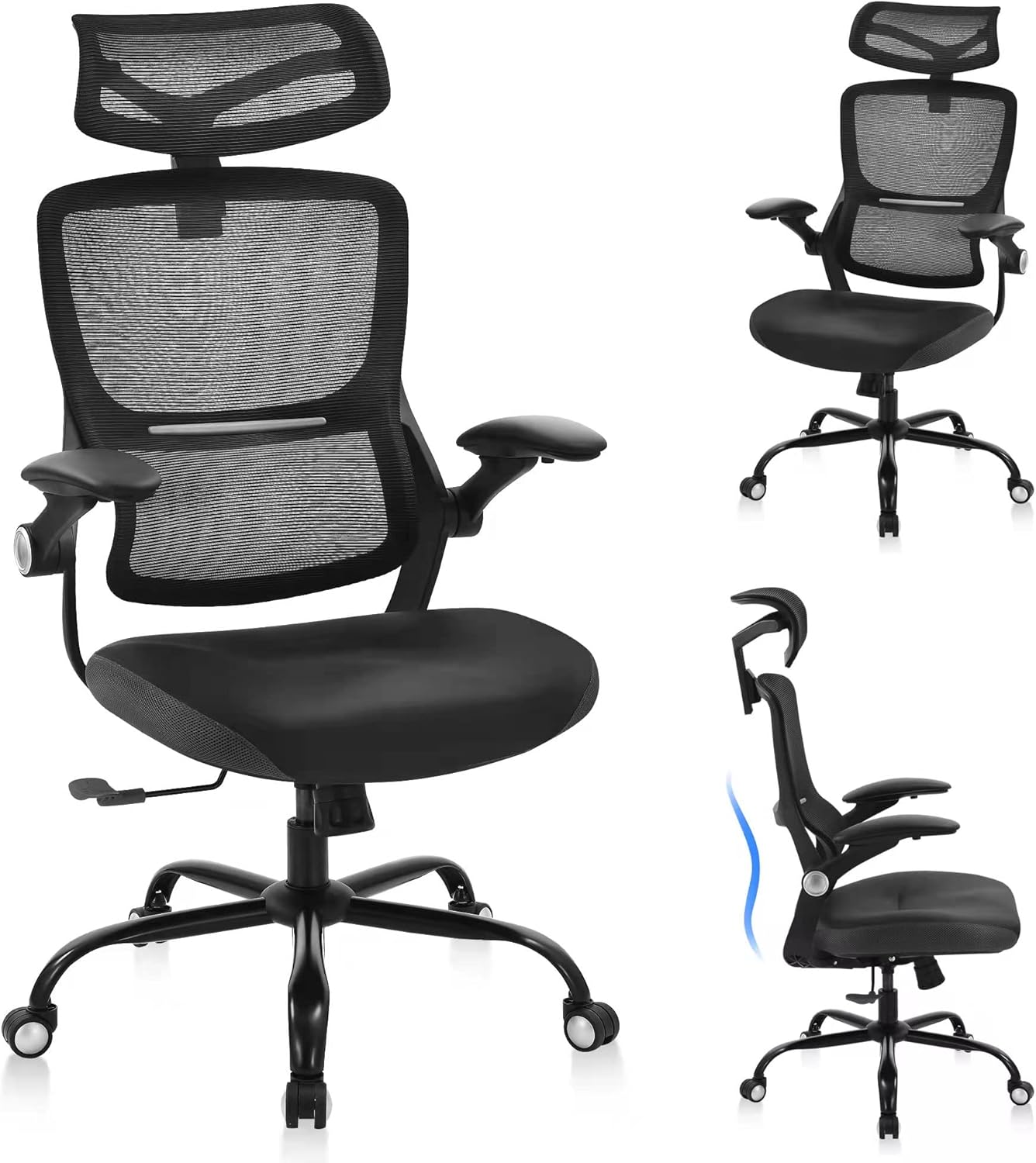 Office Chair Ergonomic Desk Chair - Leather Cushion Mesh High Back with Lumbar Support Computer Chair, Adjustable Flip Up Arms, Home Office Desk Chair