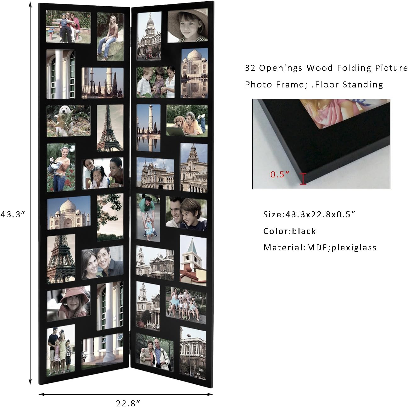 Adeco PF0545 Black Wood Hinged Folding Screen-Style Collage Picture Photo Frame 32 Openings, 4x6