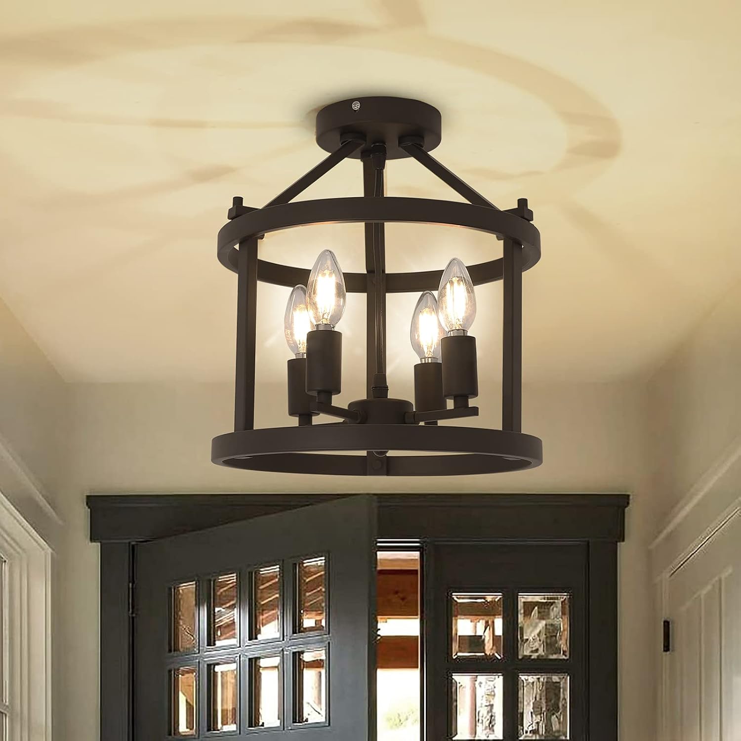 Fabulis Industrial Flush Mount Ceiling Lights,4-Light Black Metal Ceiling Light Fixtures for Farmhouse Foyer, Hallway,Living Room Lighting (Black, 4-Light)