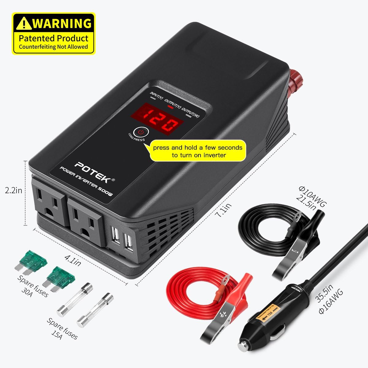 POTEK 500W Power Inverter DC 12 V to 110V AC Car Converter with Digital Display Dual AC Outlets and Dual USB Charging Ports for Tablets,Insecticidal Laptop and Smartphones Pack of 2