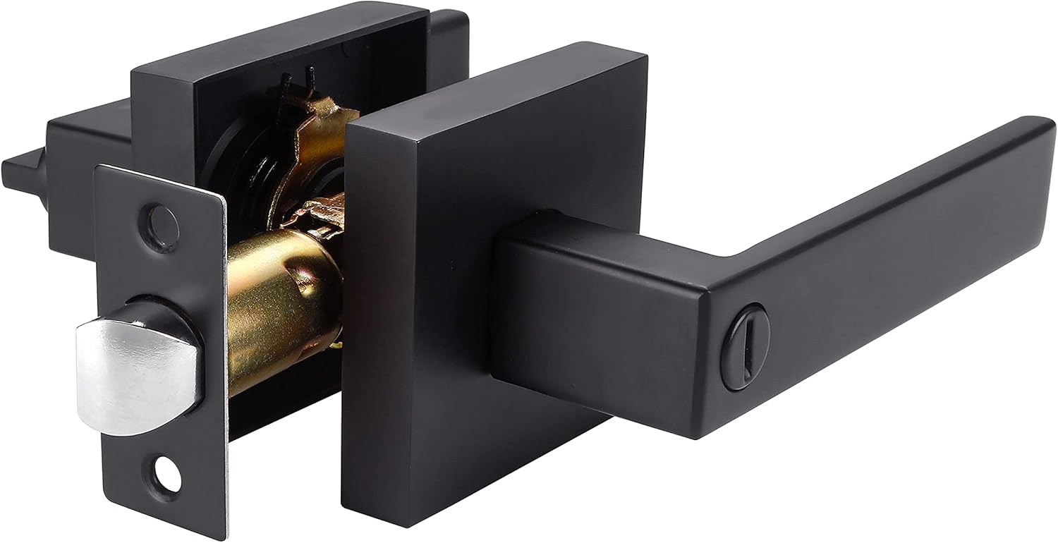 Door Lever with Privacy Lock Silver Square Heavy Door Handle-Ideal for Bathroom/Bedroom-Matte Black Finish&ndash;Fits Right & Left Handed Doors 2 Pack