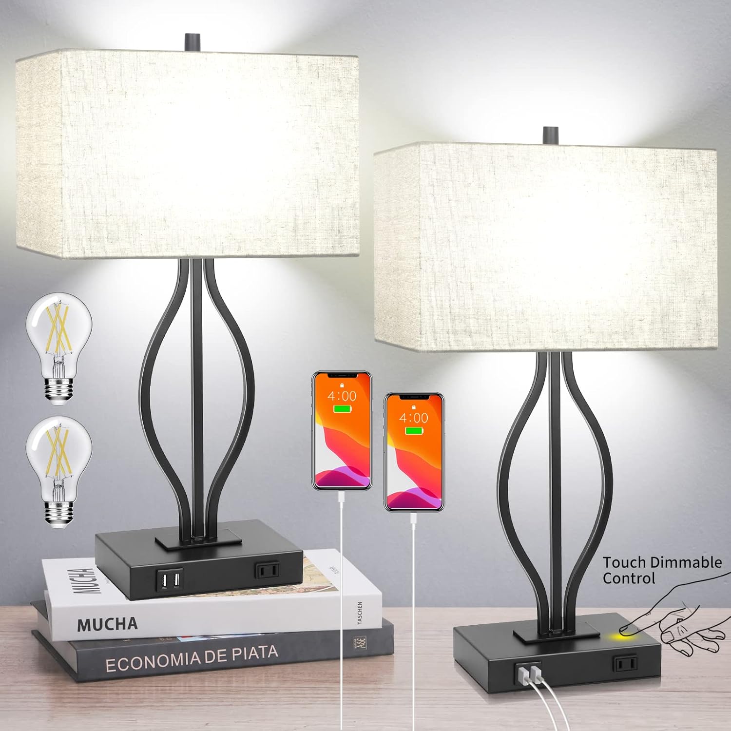 Set of 2 Touch Control 3-Way Dimmable Table Lamp Nightstand Lamp with USB Port AC Outlet Bedside Desk Lamp with Fabric Shade for Living Room Bedroom, Daylight White Bulbs Included