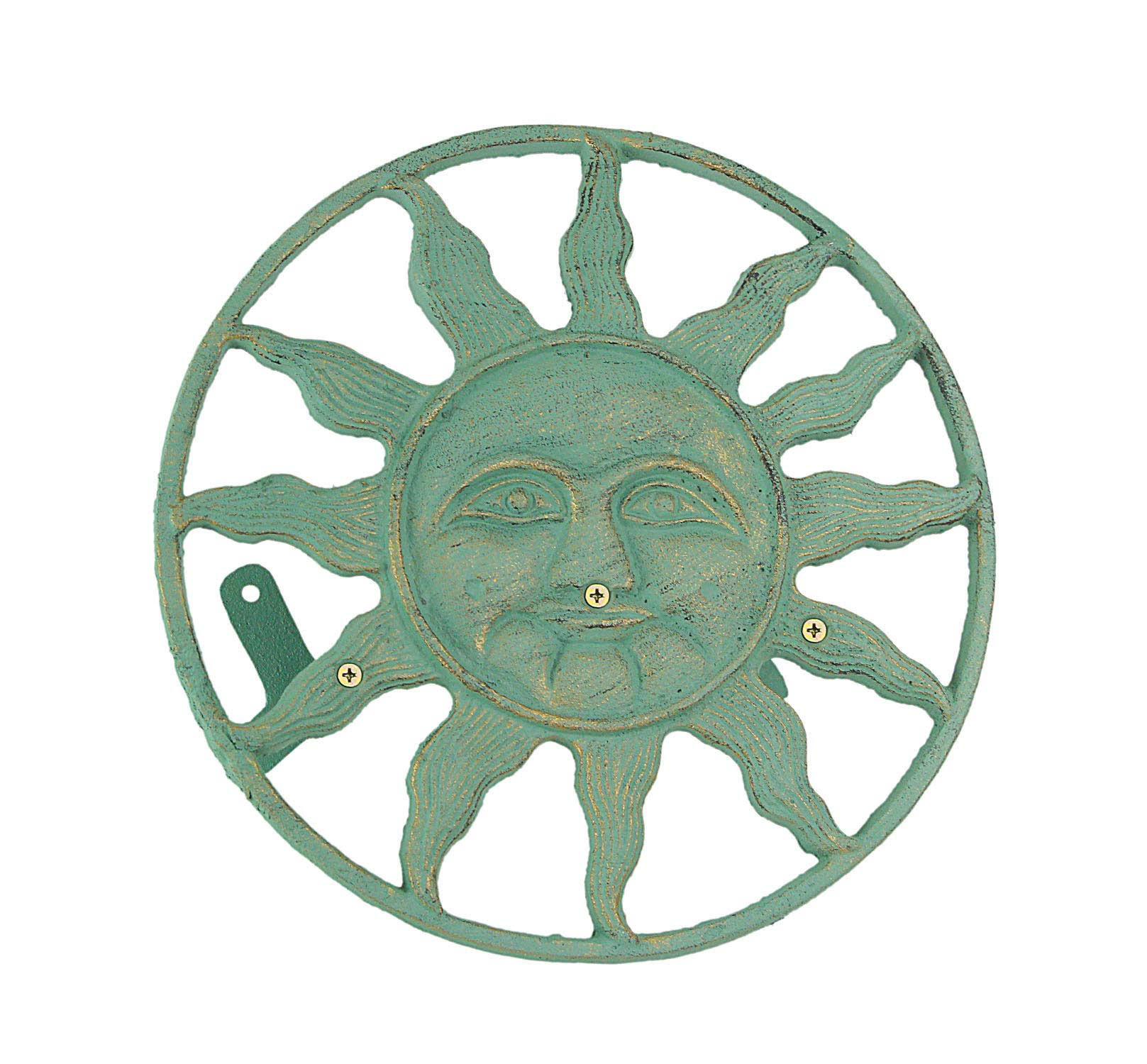 Zeckos Cast Iron Sun Face Decorative Wall Mounted Hanging Garden Hose Holder Verdigris Green Finish