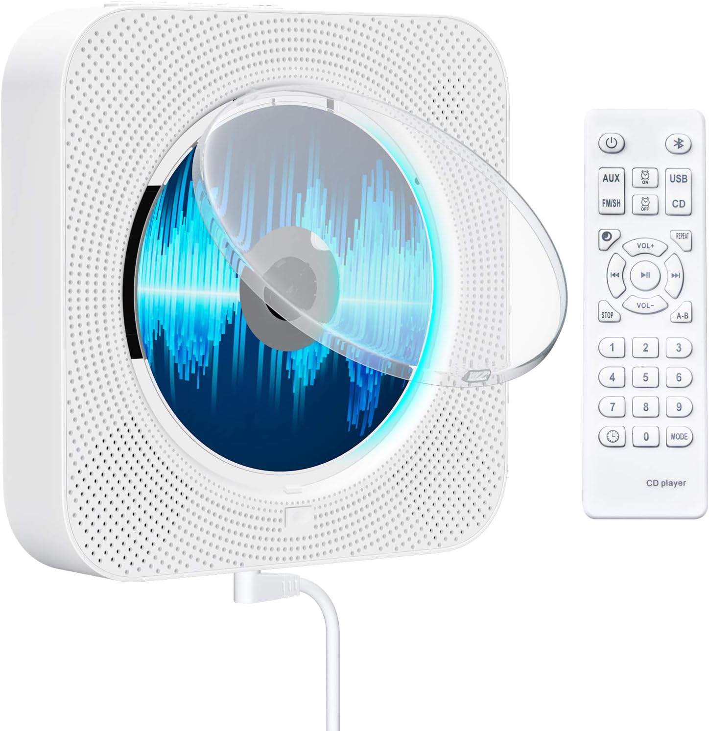 Qoosea CD Player with Bluetooth, Portable Wall Mountable CD Player with Dust Cover, Home Audio Boombox with Remote Control FM Radio Colorful Light MP3 Headphone Jack AUX Input Output