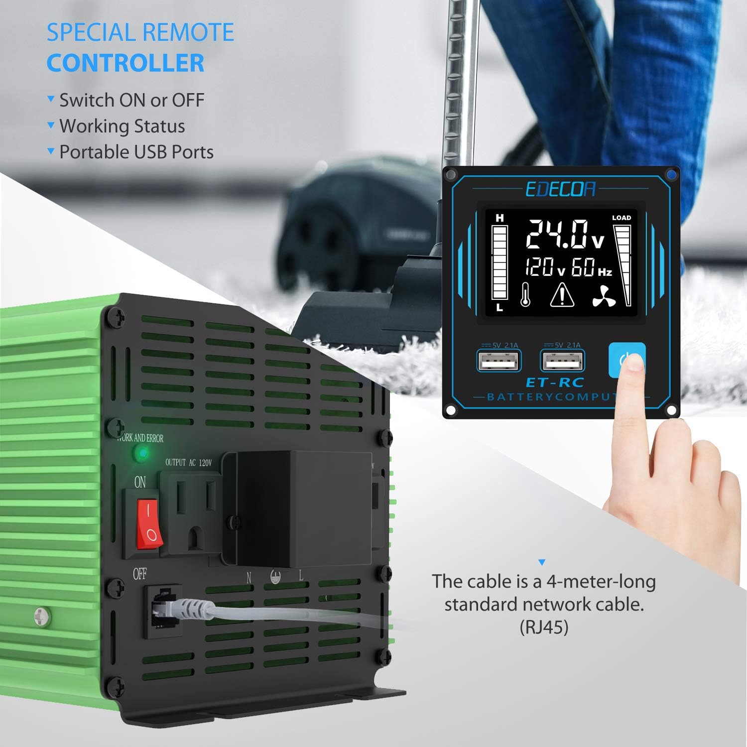 EDECOA 24V 3000 Watts Power Inverter DC 24V to 120V 110V AC with LCD and Dual USB Remote Controller