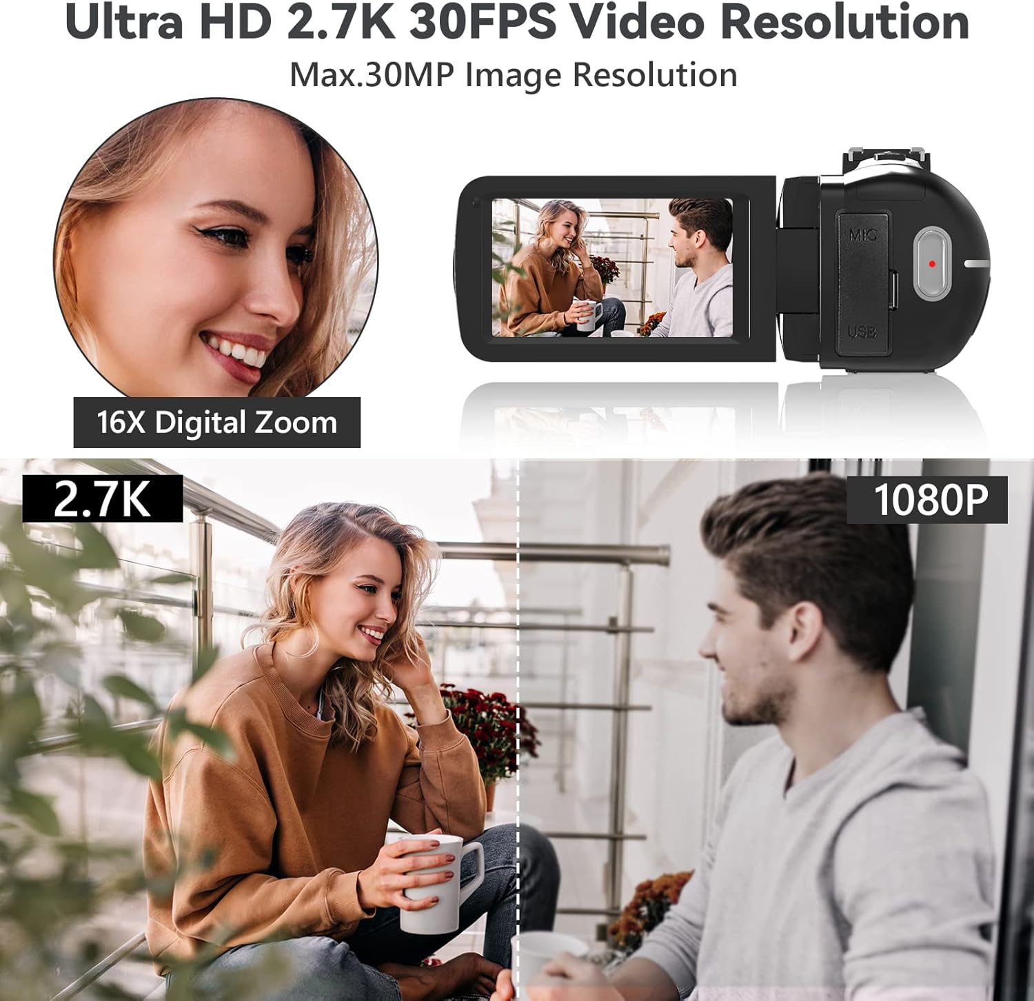 Video Camera Camcorder Digital Vlogging Camera YouTube Camera UHD 2.7K 30FPS 30MP Recorder 16X Digital Zoom with 2 Batteries Pack of 2