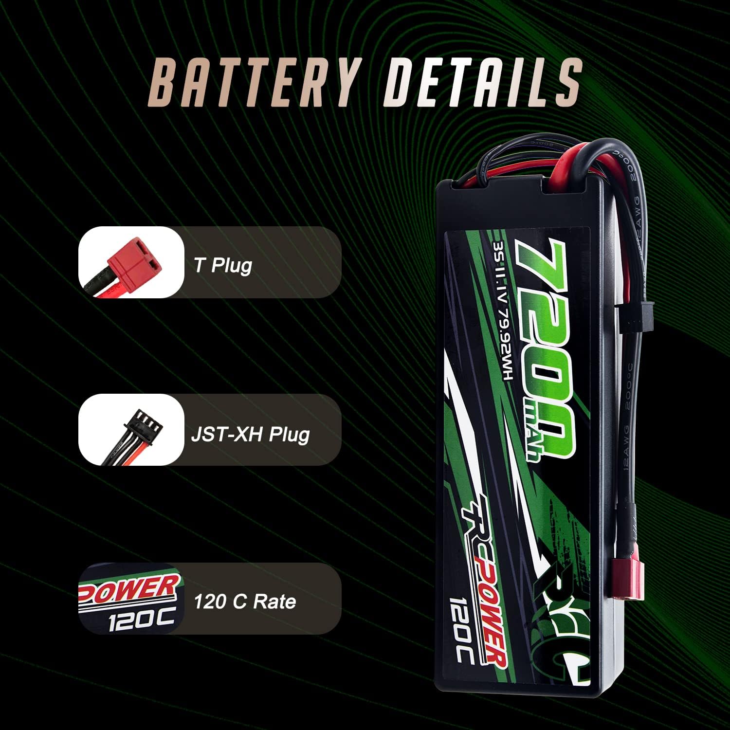 RCPOWER 11.1V 7200mAh 3S Lipo Battery 120C Hard Case Lipo Battery with T Plug for RC Vehicles, RC Car, RC Truck, RC Boat (2Packs)