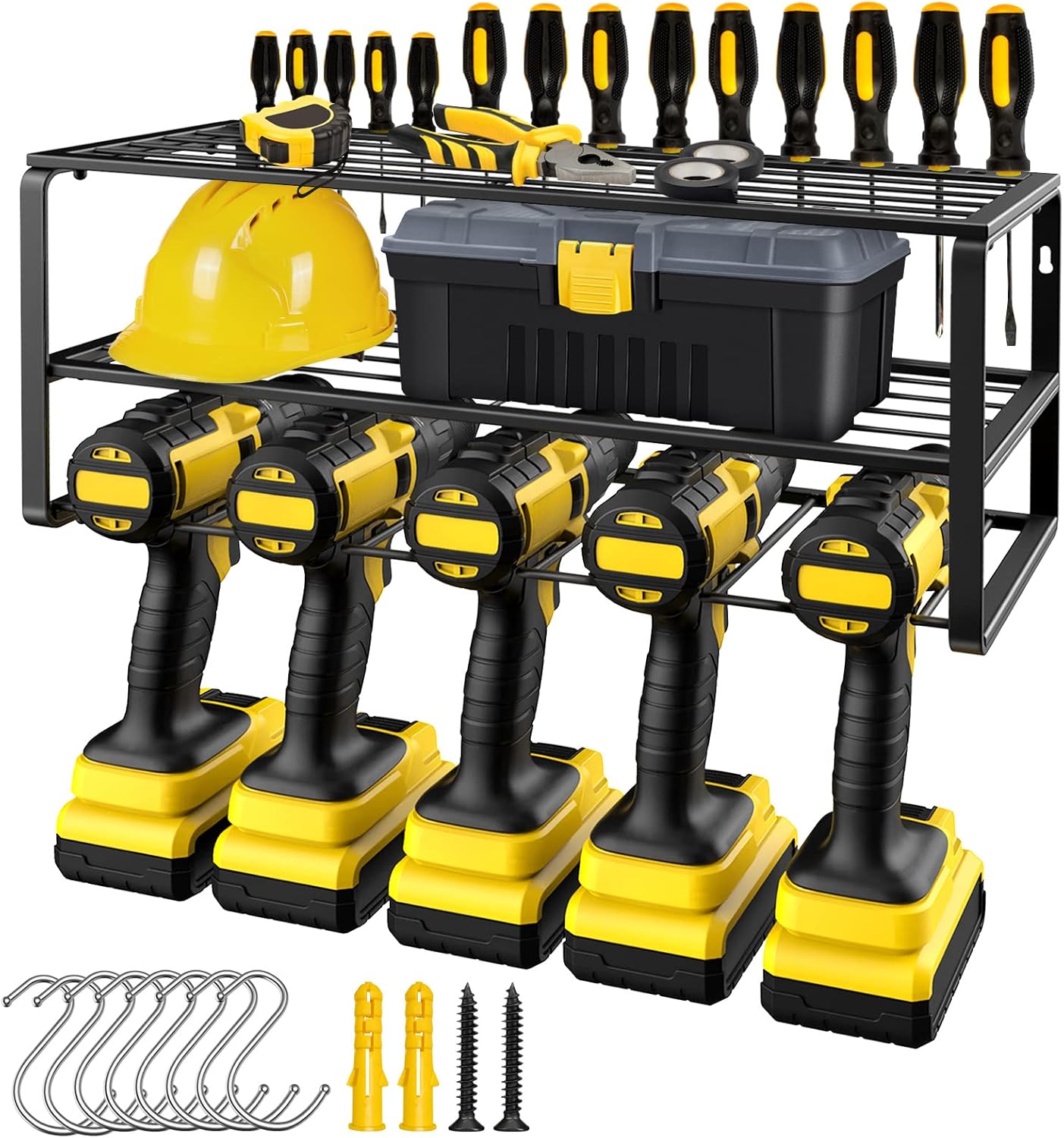 PooLuck Upgraded Heavy Duty 5 Holes Floating Tool Shelf, Wall Mounted Storage Rack for Handheld & Power Tools, Metal Power Tool Organizer Holds, Drill Holder Garage Tool Storage Rack Organizer Holder Pack of 2