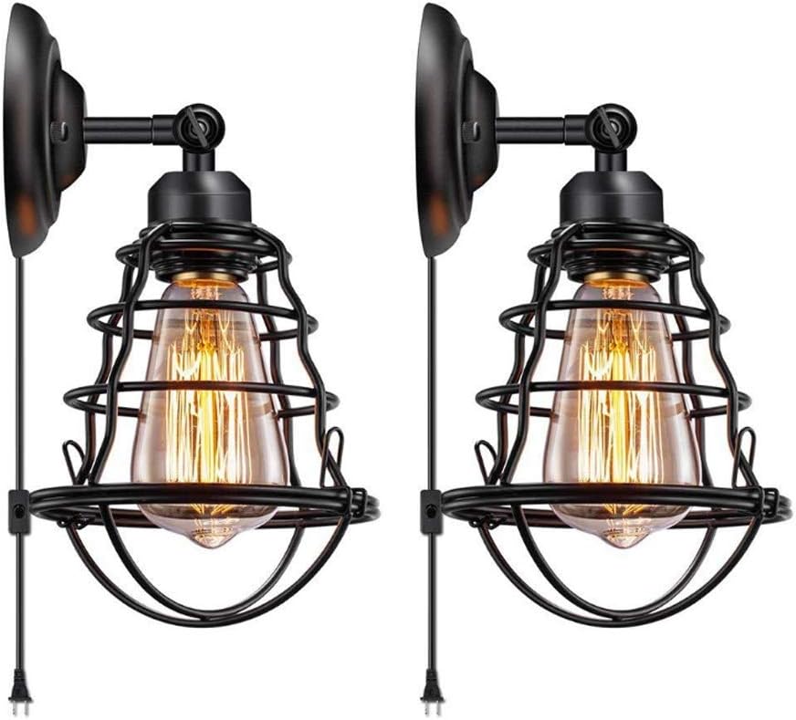 LogIme 2 Pack Vintage Wall Lights Industrial Plug in Wall Light E27 Base Wire Cage Style Adjustable Plug in Cord Rustic Wall Sconce Fixture Headboard Bedroom Porch Bathroom