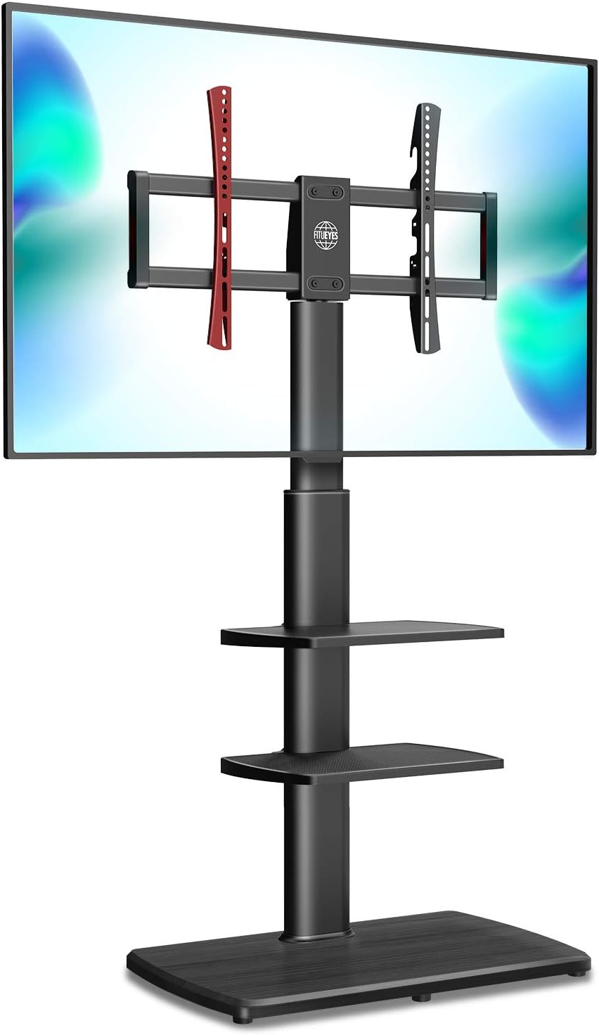 FITUEYES TV Stand for Max 65 Inch TVs Tall Floor TV Stands with Sturdy Wood Base Universal Corner Stand for Flat Panel Screen TVs Height Adjustable Shelves,Black