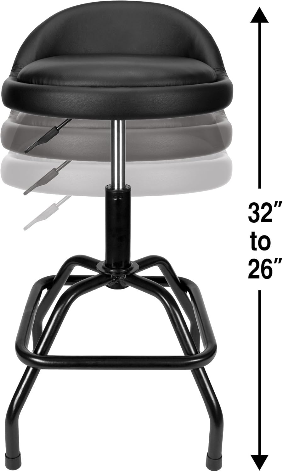 Performance Tool W85011 Adjustable Height Bar Stool, Pneumatic Swivel Bar Stool with Back Support, 360 Degree Swivel, Heavy Duty Steel Frame Stool Perfect for Home, Bar and Shop, Black