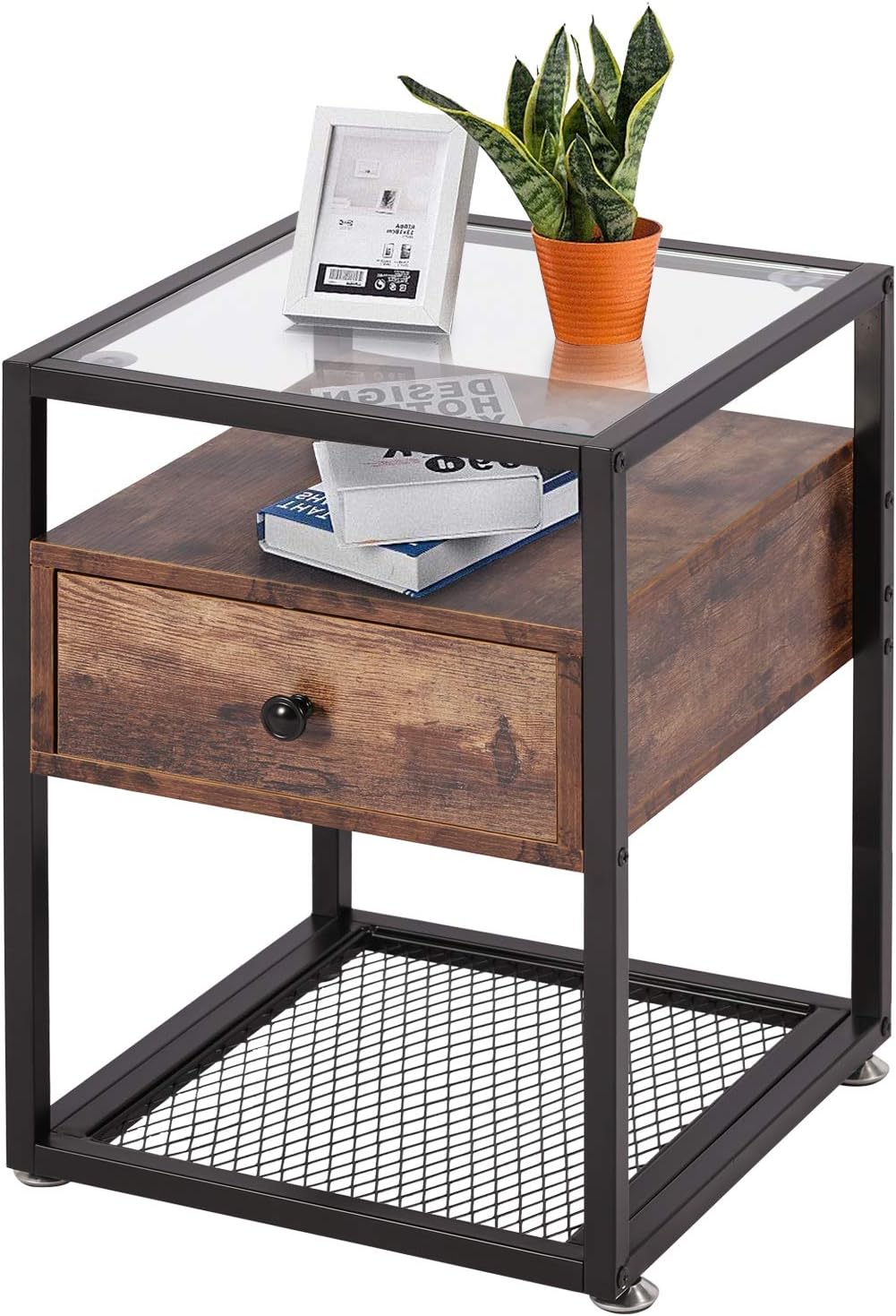VECELO End Side Table,Tempered Glass Nightstand with 2 Drawers and Modern Shelf Decoration in Living Room,Bedroom, 1 Set, Black