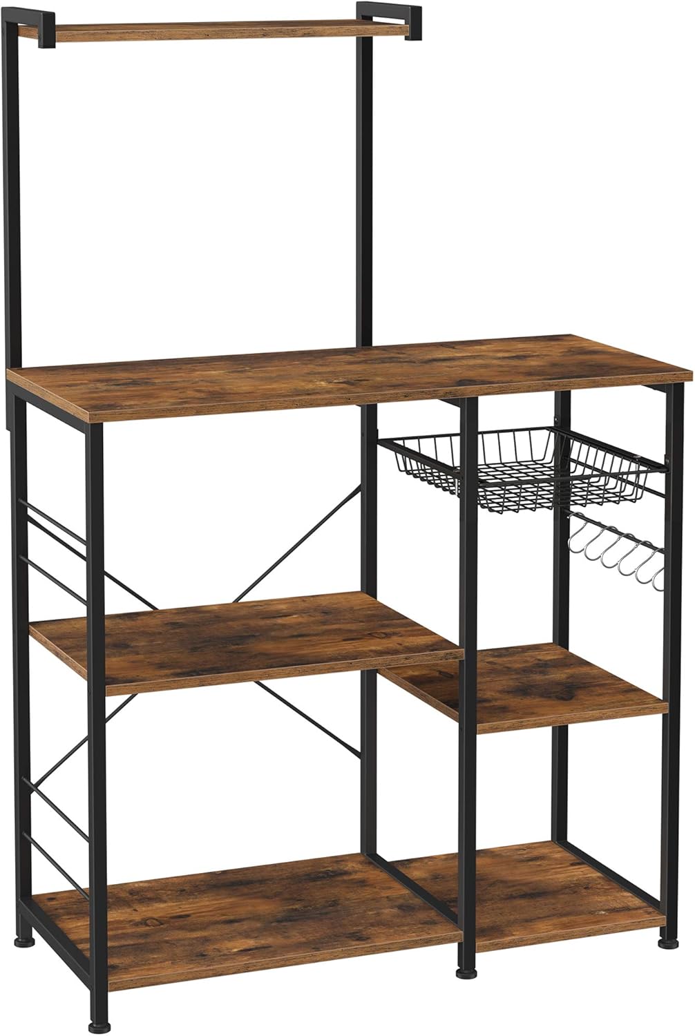 VASAGLE Baker’s Rack, Coffee Station, Microwave Oven Stand, Kitchen Shelf with Wire Basket, 6 S-Hooks, Utility Storage for Spices, Pots, and Pans, Rustic Brown and Black UKKS35X