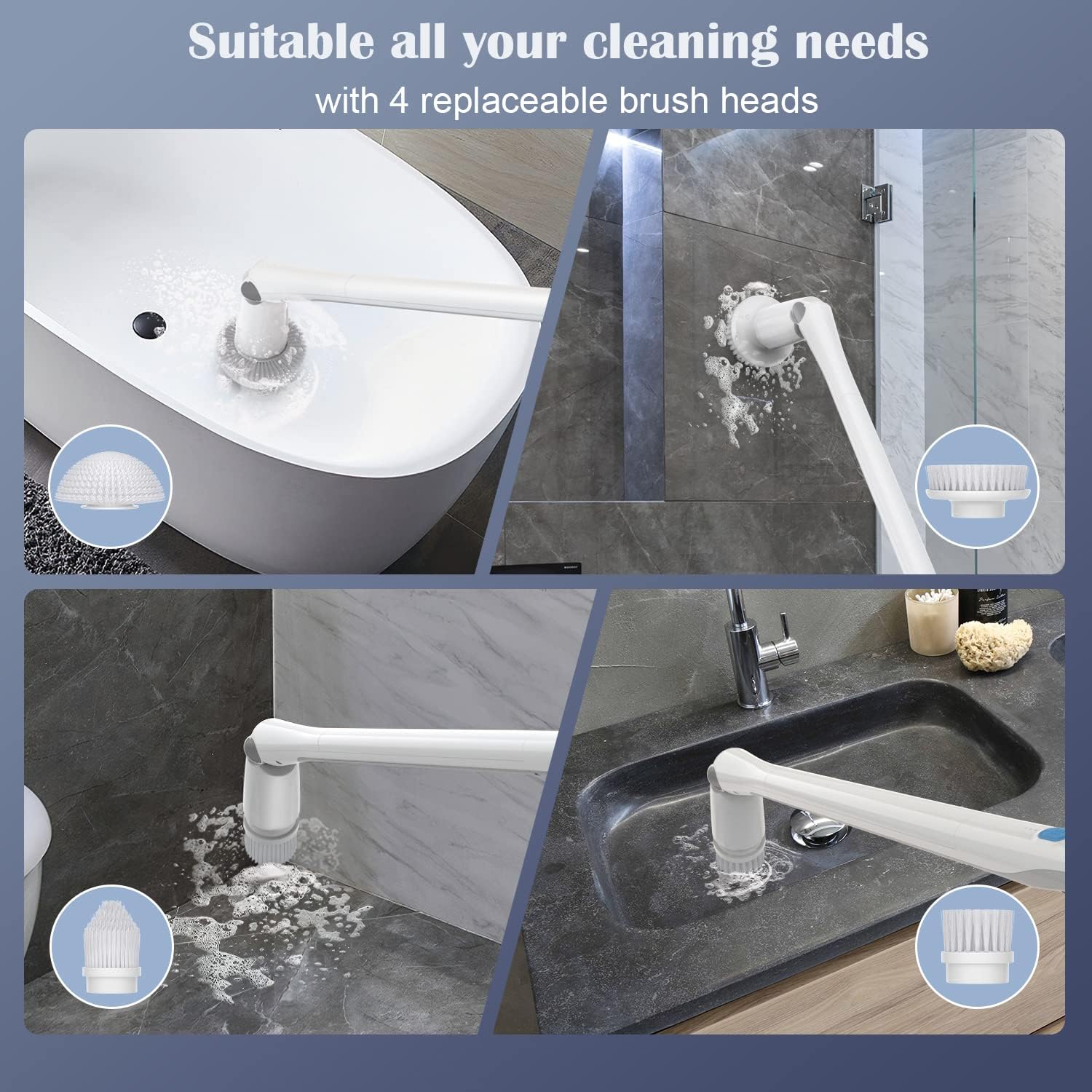 Shower Cleaning Brush, Electric Spin Scrubber, Cordless Shower Scrubber for Cleaning, Tub and Tile Power Scrubber, Extendable Handle & 4 Replaceable Brush Heads for Home,Kitchen,Floor,Car