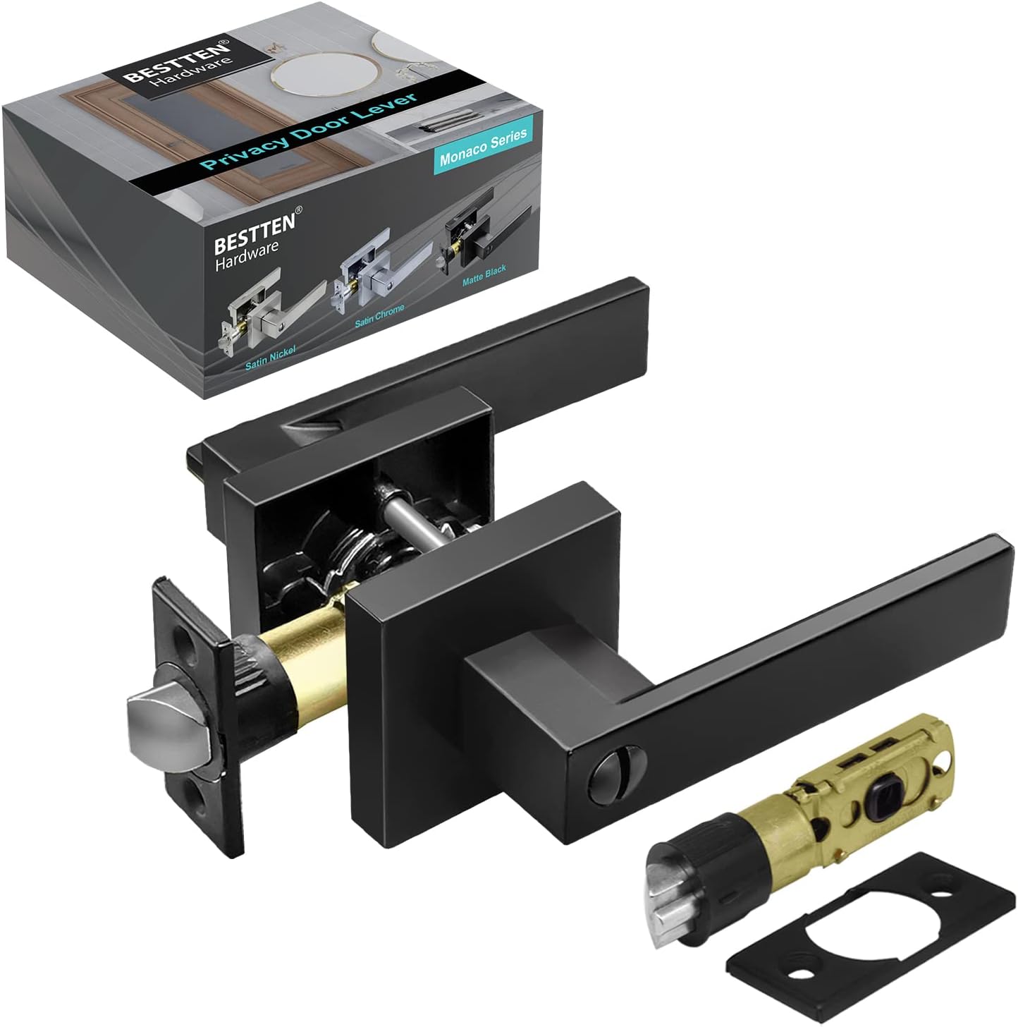 [5 Pack] BESTTEN Monaco Matte Black Privacy Door Handle with Removable Latch Plate, Zinc Alloy All Metal Square Bedroom Bathroom Door Lever for Commercial and Residential Use