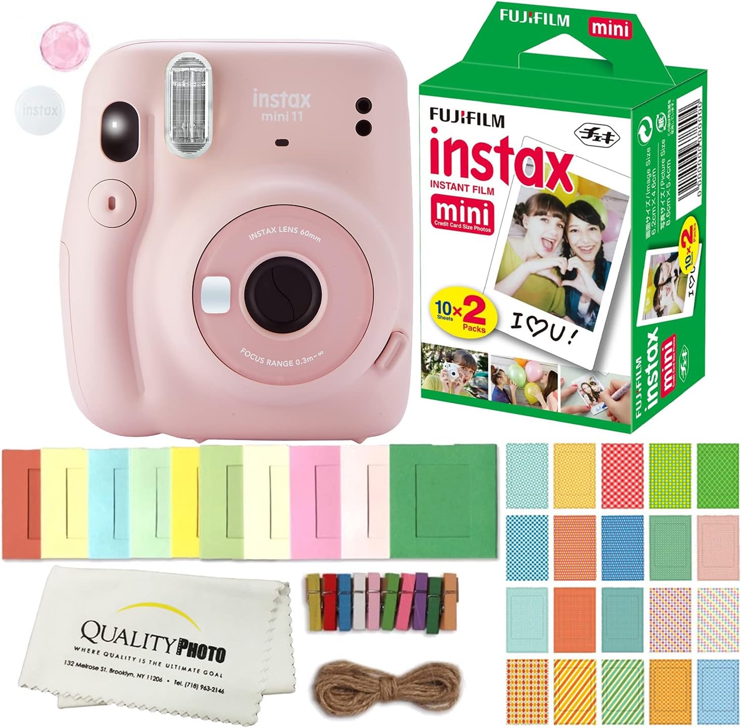 FUJIFILM INSTAX Mini 11 Instant Film Camera Plus Instax Film and Accessories Stickers, Hanging Frames and Microfiber Cloth (Blush Pink)