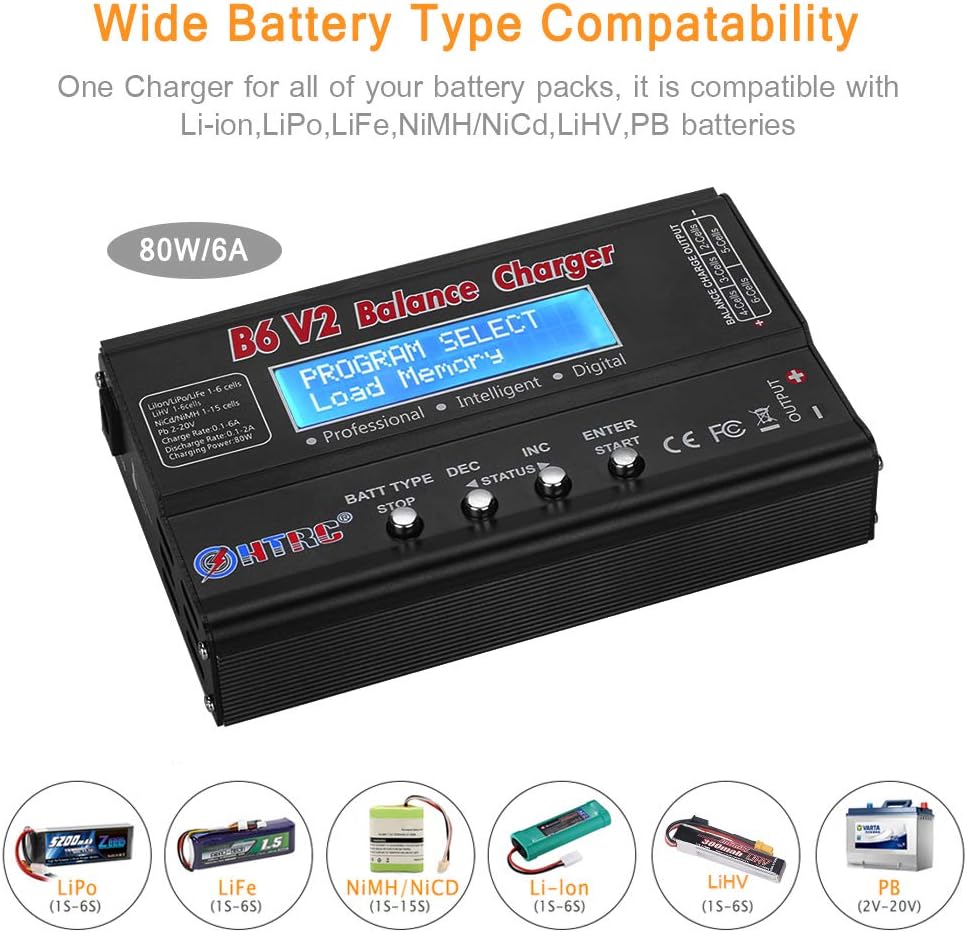 HTRC LiPo Charger RC Balance Fast Charger Discharger 1S-6S AC/DC B6V2 Digital Battery Pack Charger for NiCd Li-ion Life NiMH LiHV PB Smart Batteries (Black)