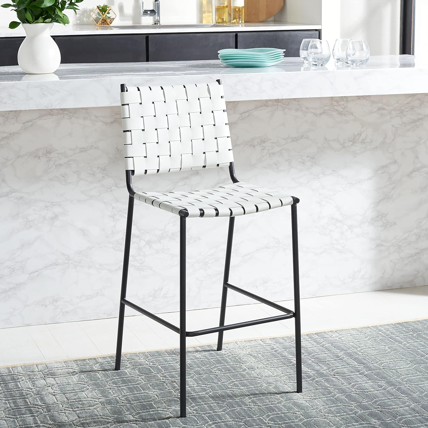 SAFAVIEH Home Collection Bahari White Woven Leather/ Black 26-inch Kitchen Island Breakfast Nook Counter Stool (Fully Assembled)