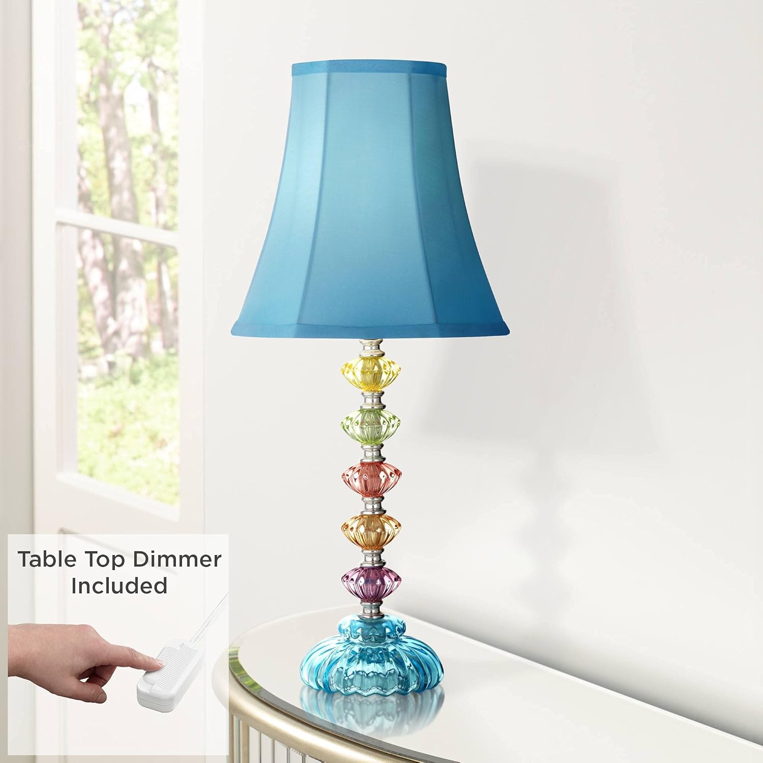 Iris Traditional Bohemian Style Accent Table Lamp with Table Top Dimmer Multi Color Stacked Glass Teal Blue Bell Shade for Kids Room Bedroom Bedside House Nightstand Home - 360 Lighting