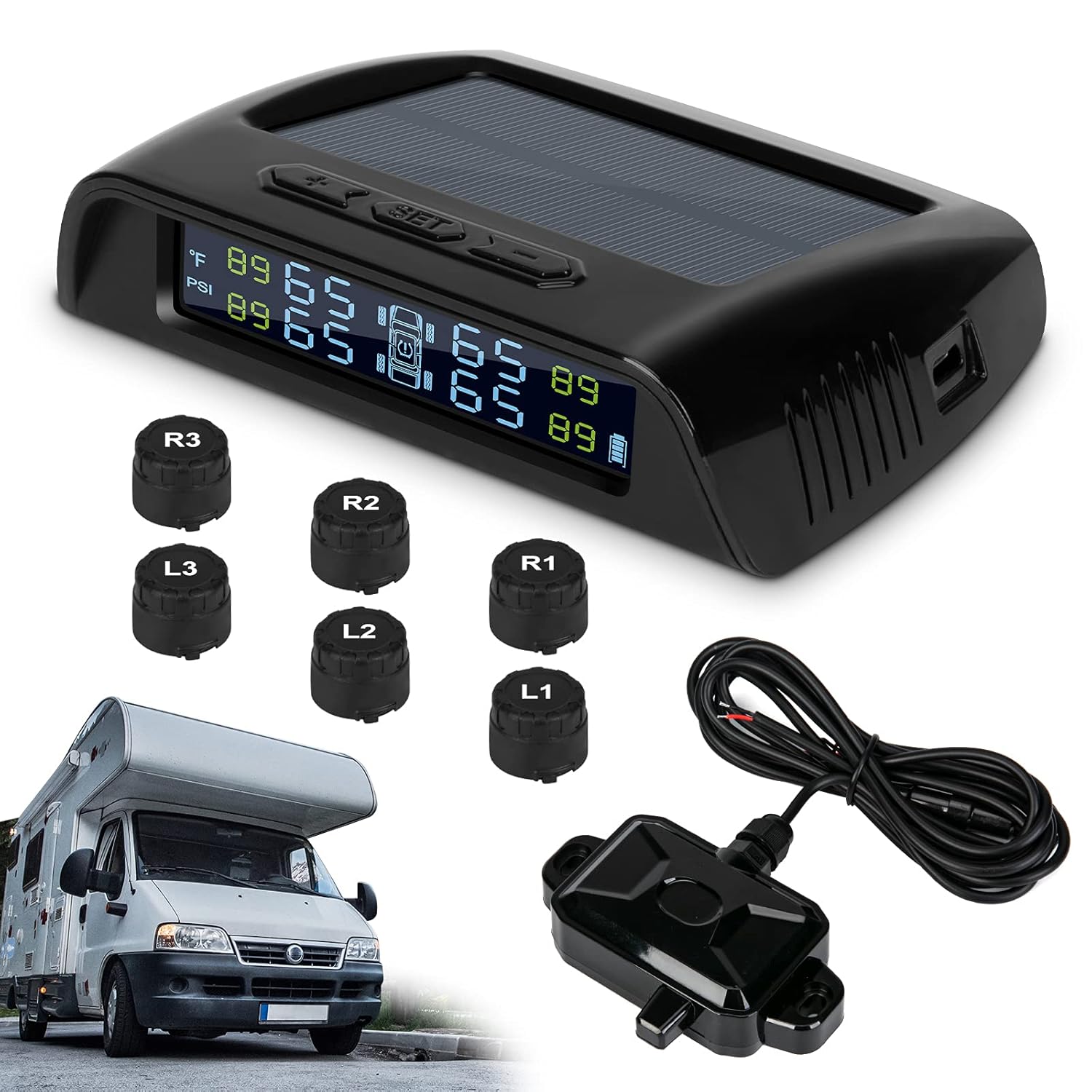 WELLUCK TPMS Tire Pressure Monitoring System for RV Trailer with 6 External TPMS Sensor and A Repeater, 6 Alarm Models, Solar Power, Auto Backlight, Real-time Displays Pressure (0～116PSI/0～8BAR)