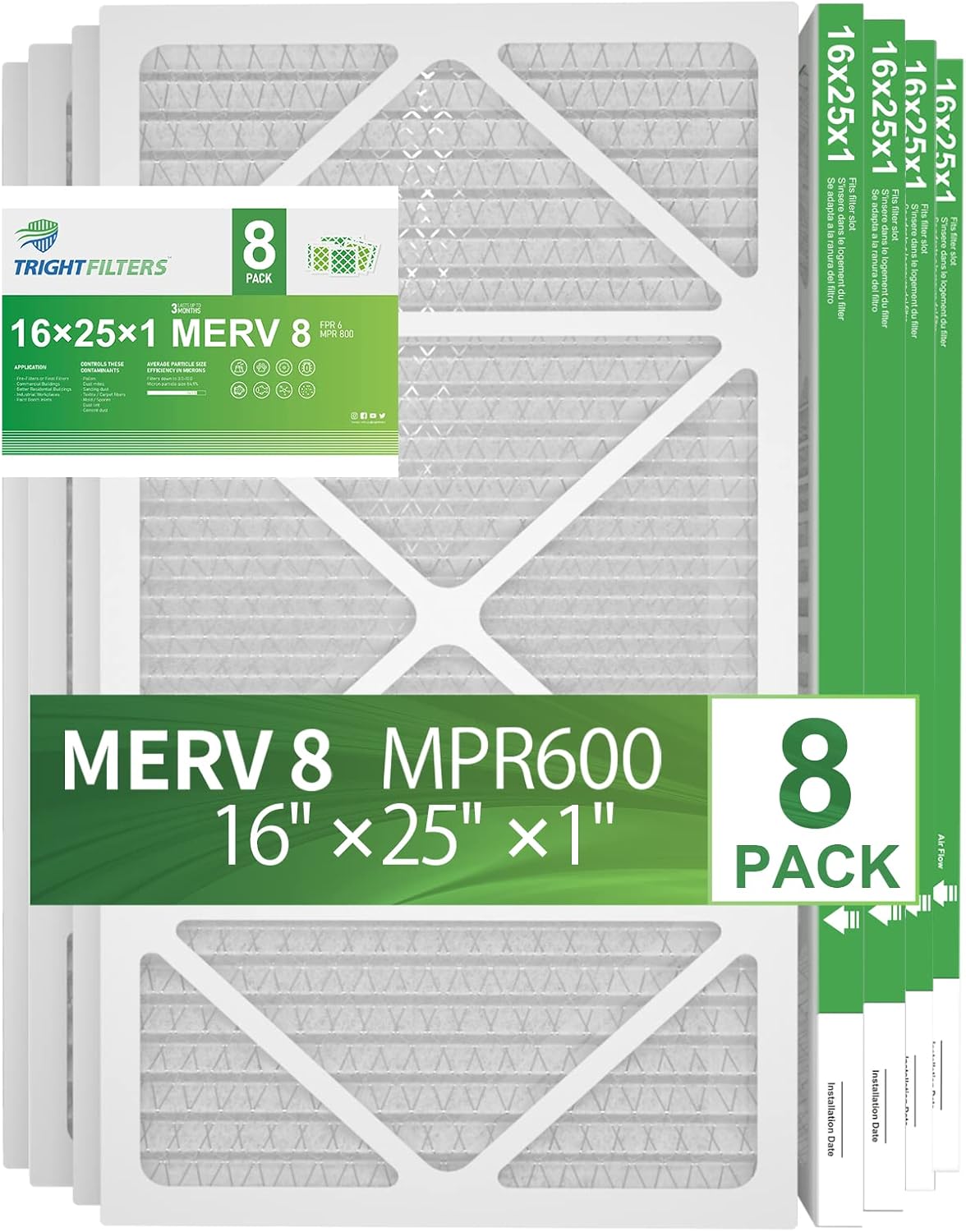TRIGHTFILTERS 16x25x1, MERV 8 Pleated AC Furnace Air Filters, MPR 600, Clean Living Basic Dust, 8-Pack (Actual Size: 15.69