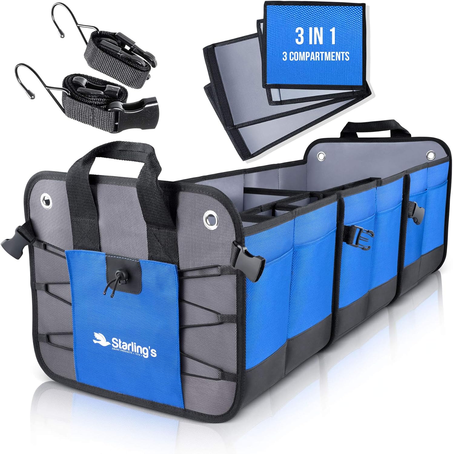 Starling's Car Trunk Organizer - Durable Storage SUV Cargo Organizer Adjustable (Black, 3 Compartments) Pack of 2