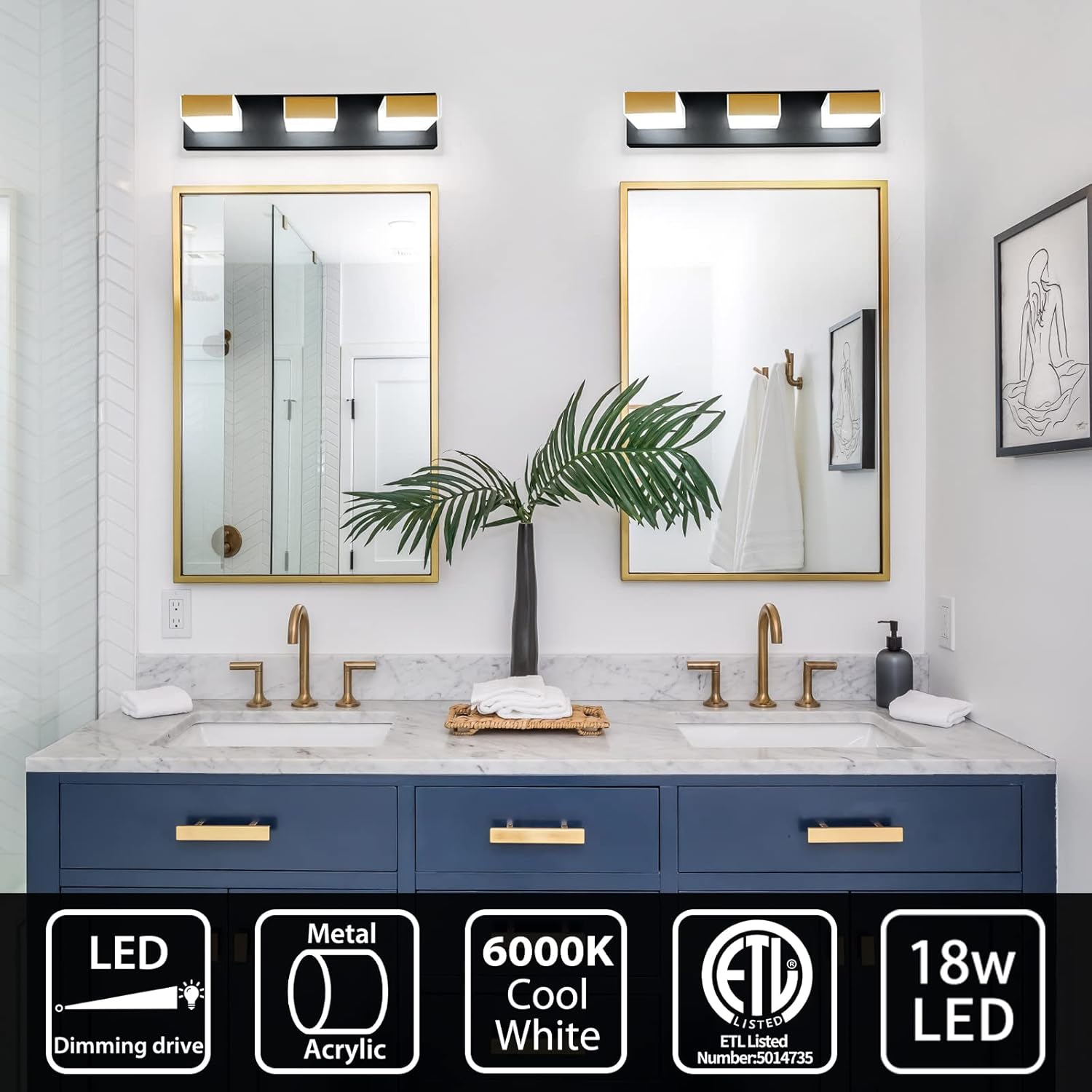 OKELI Bathroom Light Fixtures 3 Light 360&deg;Rotatable Black Bathroom Vanity Light Gold Bathroom Lights Over Mirror Dimmable 6000K Cool White 18W ETL Listed NO: 5014735