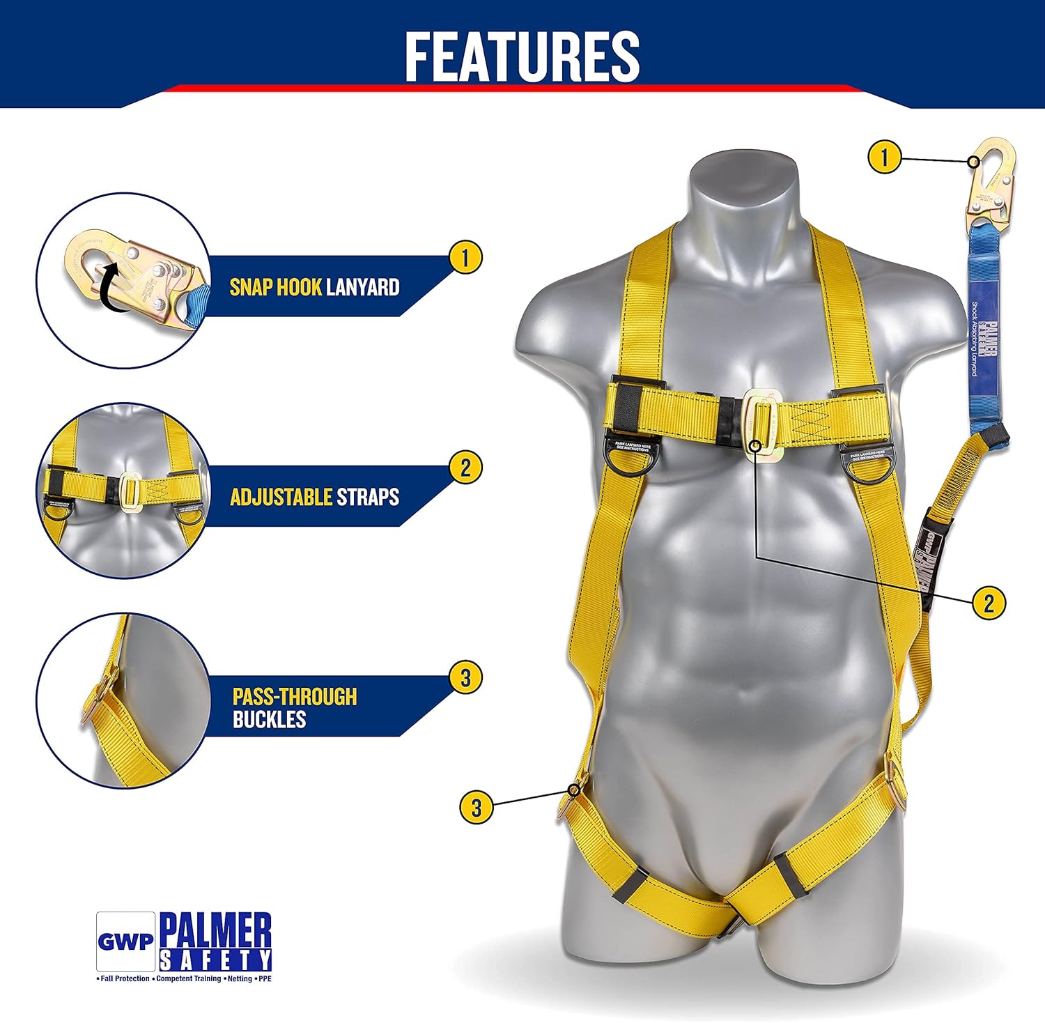 Palmer Safety Safety Harness w/Detachable 6' Single Leg Lanyard I INTERNAL Shock Absorbing Lanyard I OSHA/ANSI Safety Kit
