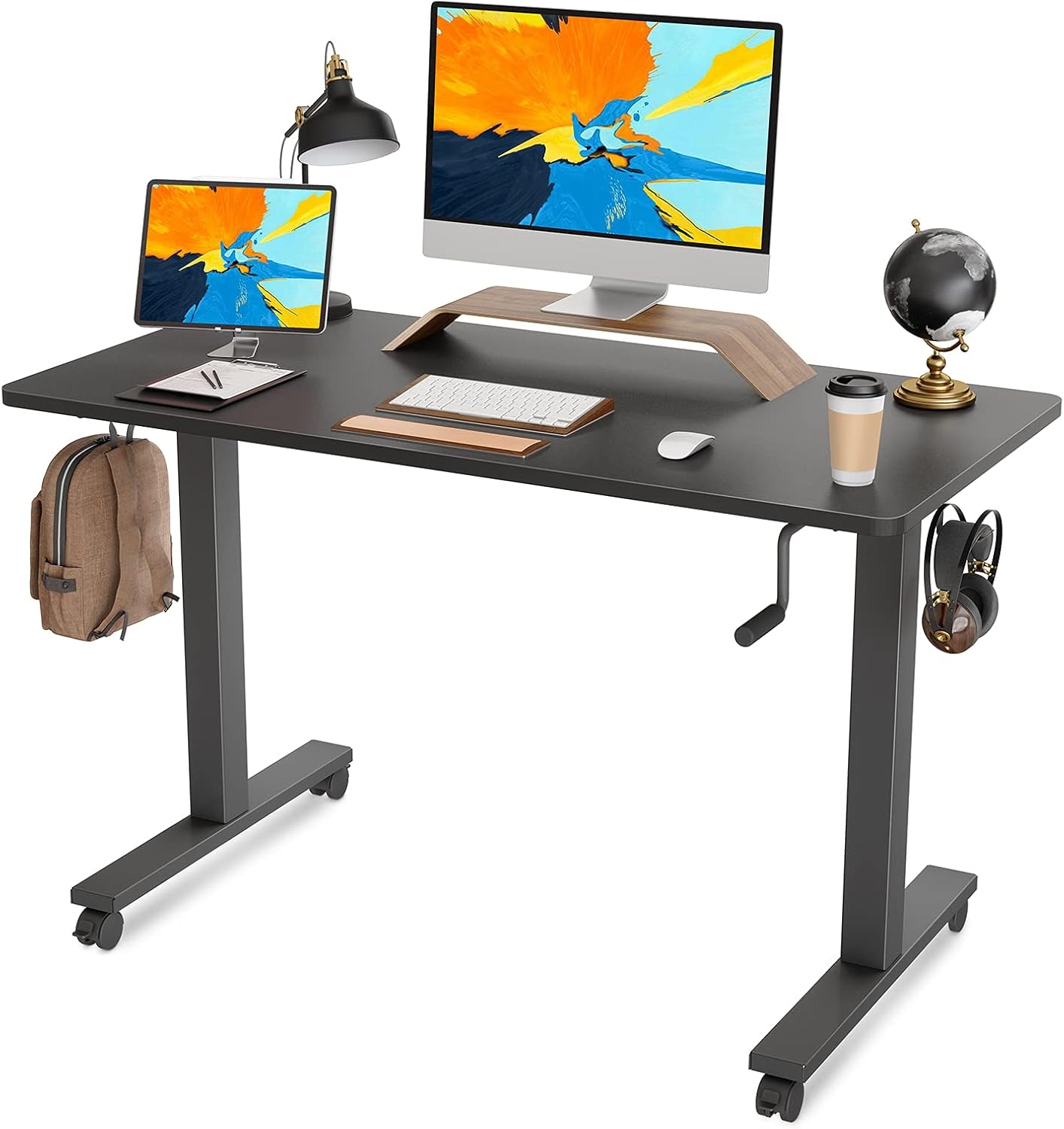 FAMISKY Manual Height Adjustable 48 x 24 inch Stand Up Desk, Crank Stand Workstation for Home Office with Handle Black Frame/Black Top