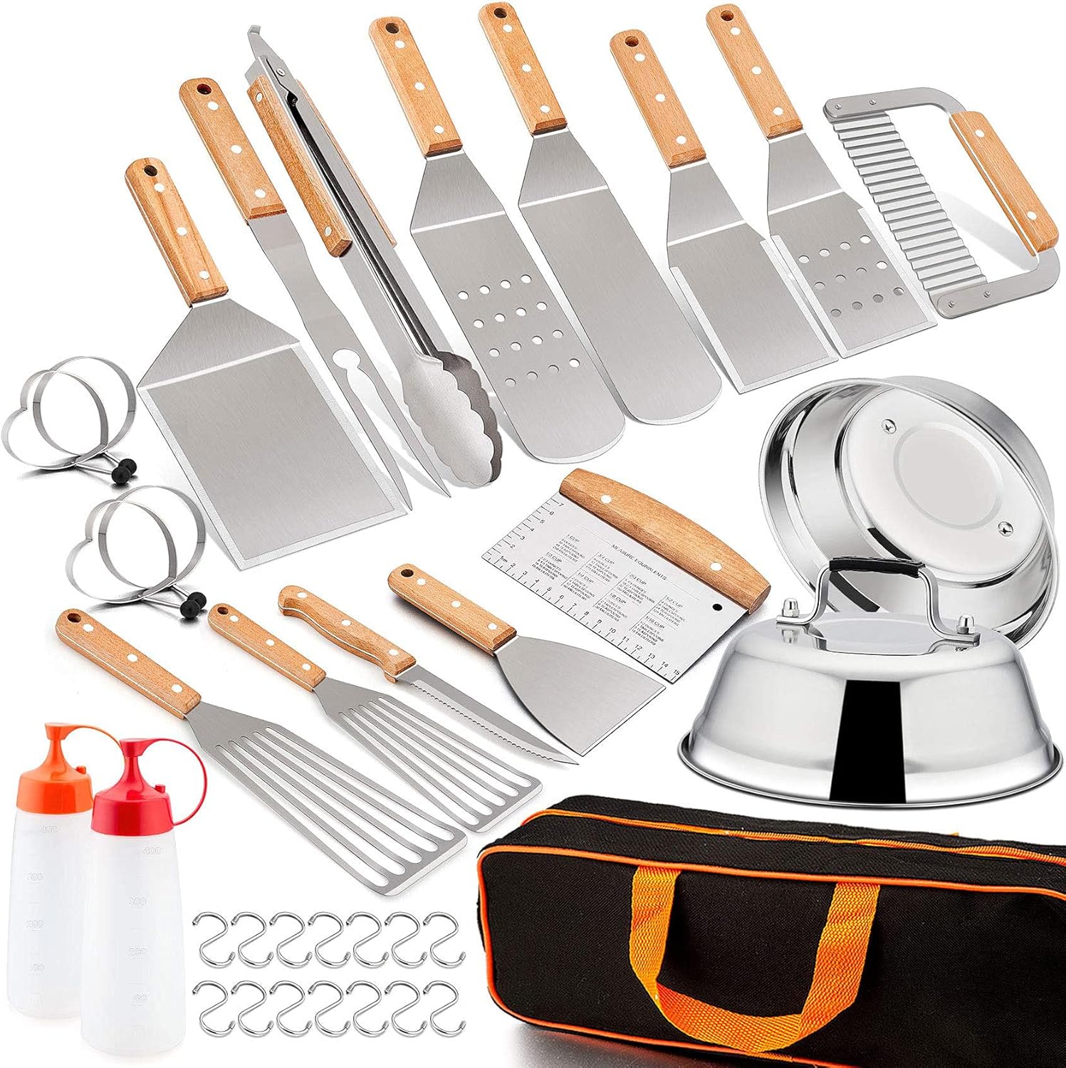 Leonyo Griddle Accessories Set of 22, Heavy Duty Stainless Steel Grill Griddle Metal Spatula for Cast Iron Flat Top Teppanyaki Hibachi Hamburger Cooking, Carry Bag, Chef Gift, Melting Dome, S Hook