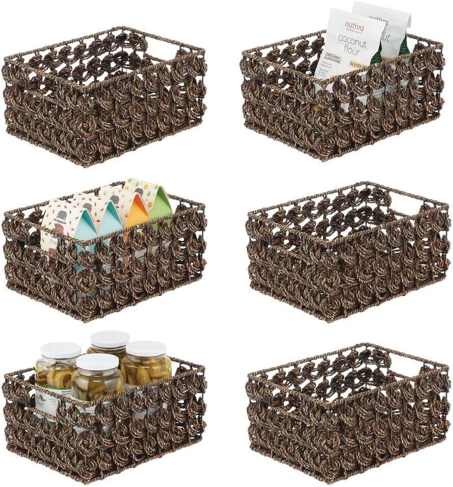 mDesign Woven Seagrass Kitchen Cabinet Pantry Storage Organizer Basket Bin with Handles - Store Fruit, Snacks, Cereal, Oil and Vinegar, Baking Supplies, Pastas, Packets, 6 Pack - Brown Wash Pack of 2