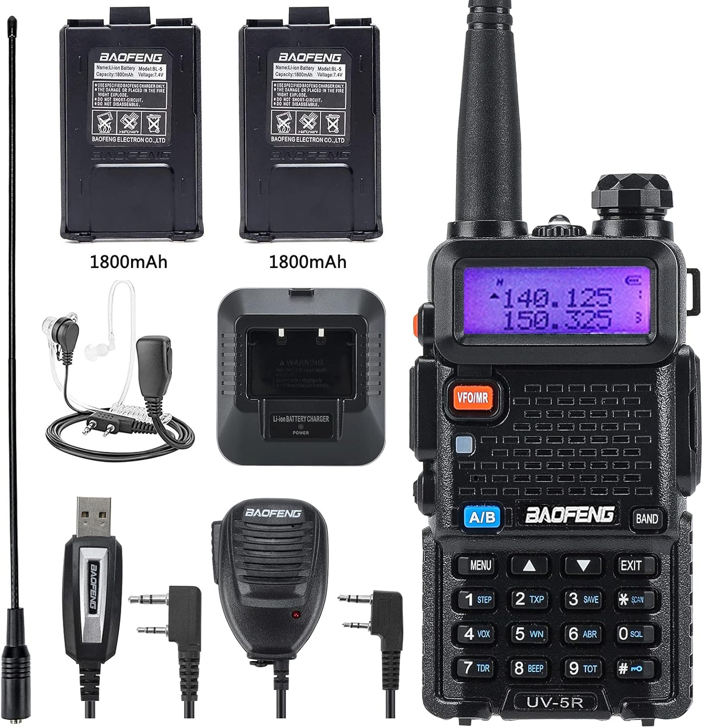 BAOFENG UV-5R Ham Radio Dual Band Walkie Talkie Long Communication Range Two Way Radio with Extra 1800mAh Battery/Hand Mic/Programming Cable/Acoustic Tube Surveillance Earphone/Antenna